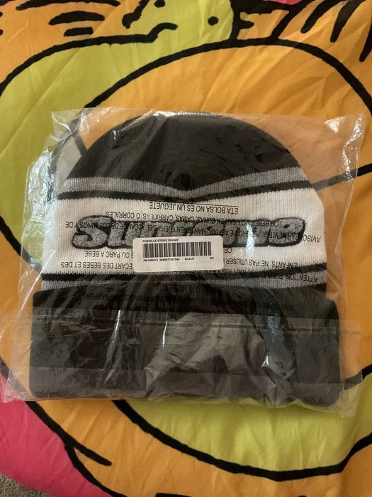 Supreme FW19BN13 SUPREME BLACK CHENILLE STRIPE BEANIE HAT NEW FW19