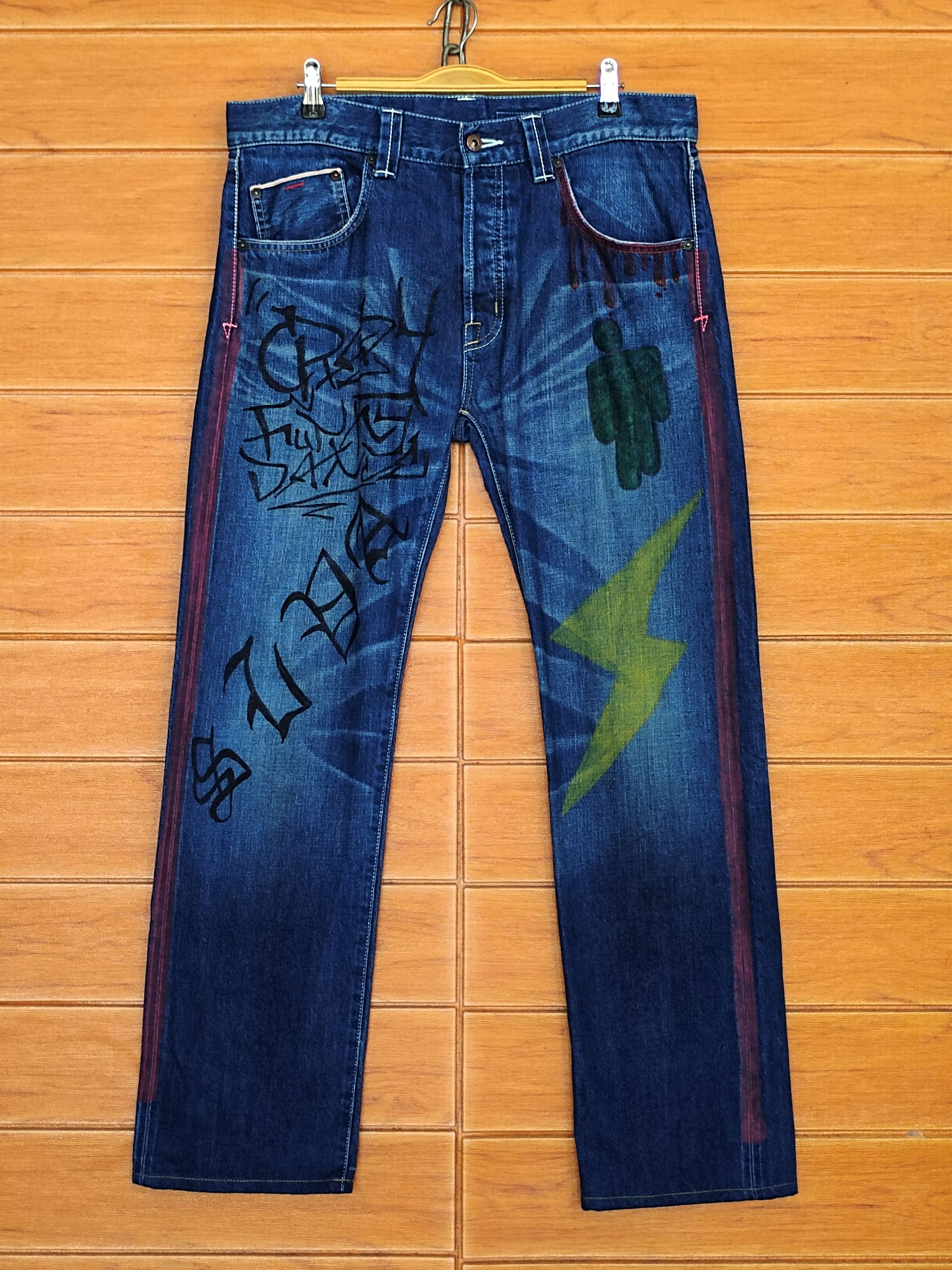 Vintage Kunna Japan Hand Painting Art Selvedged Denim Jeans Size US 33 - 2 Thumbnail