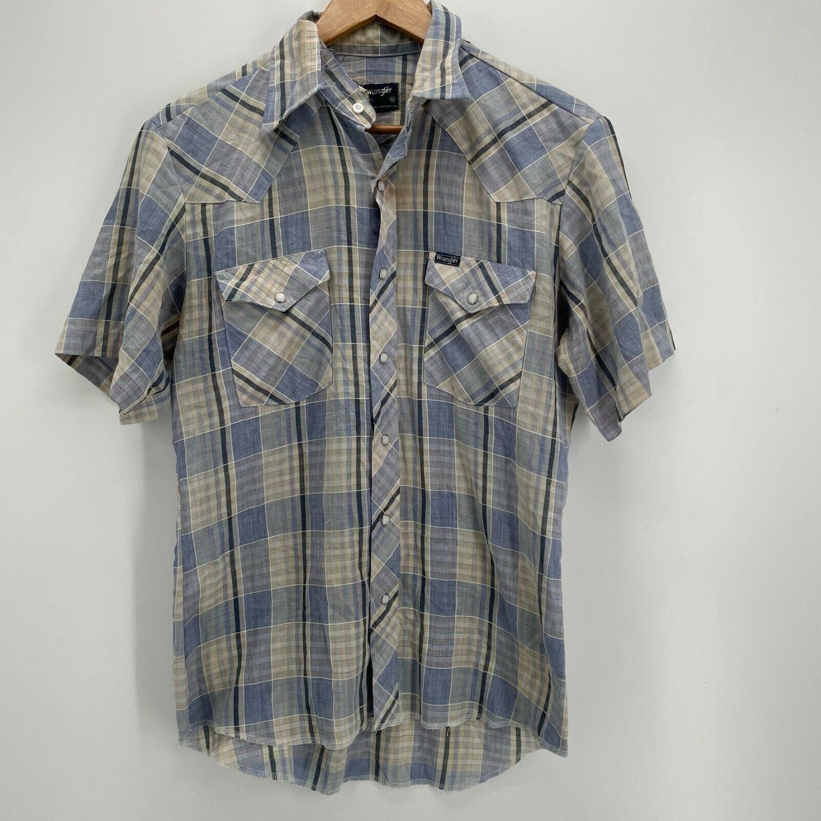 Wrangler Wrangler Western Shirt Men's M Blue Distressed Plaid Pearl