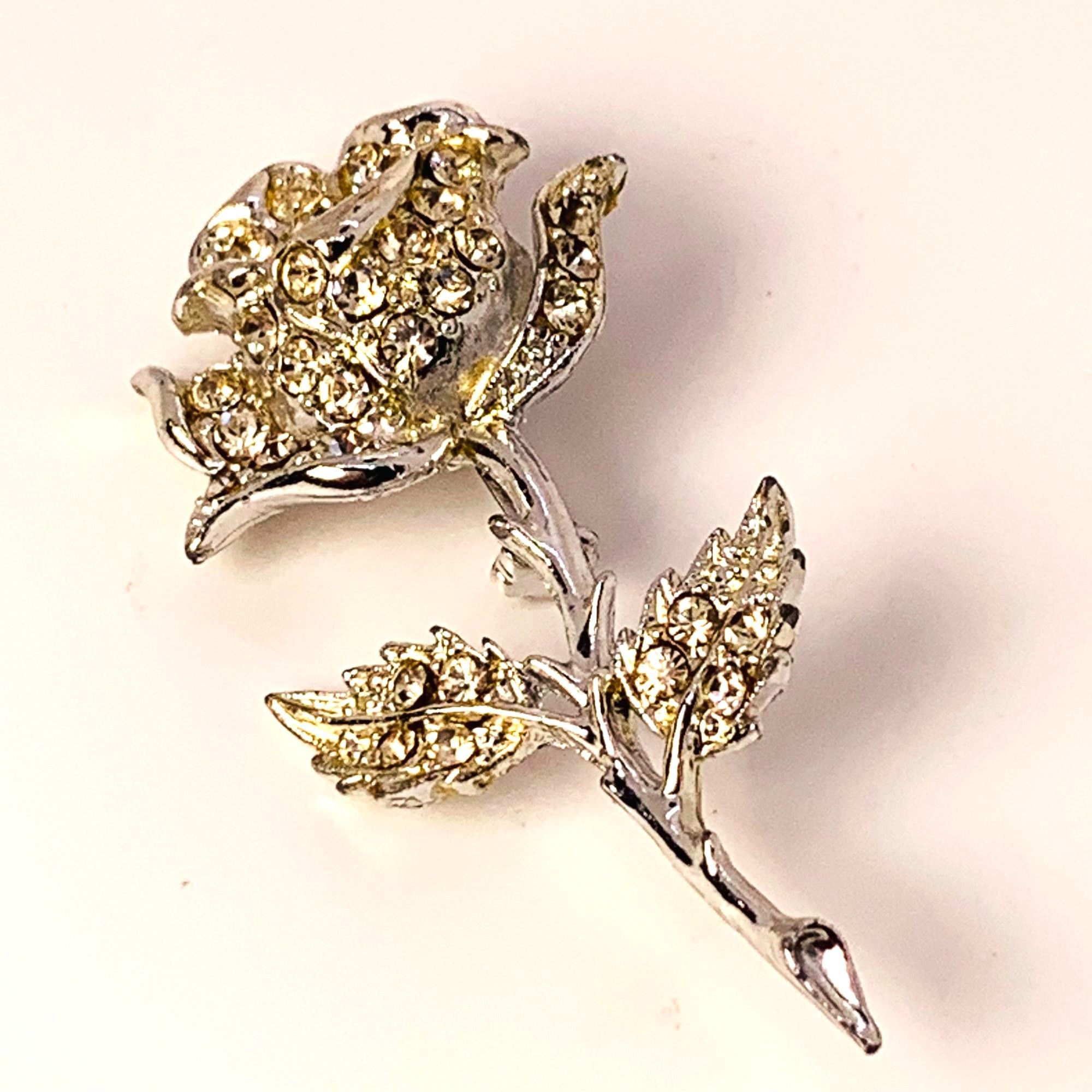 Other Vintage Rhinestone Rose Brooch Pin Silver Setting Flower | Grailed