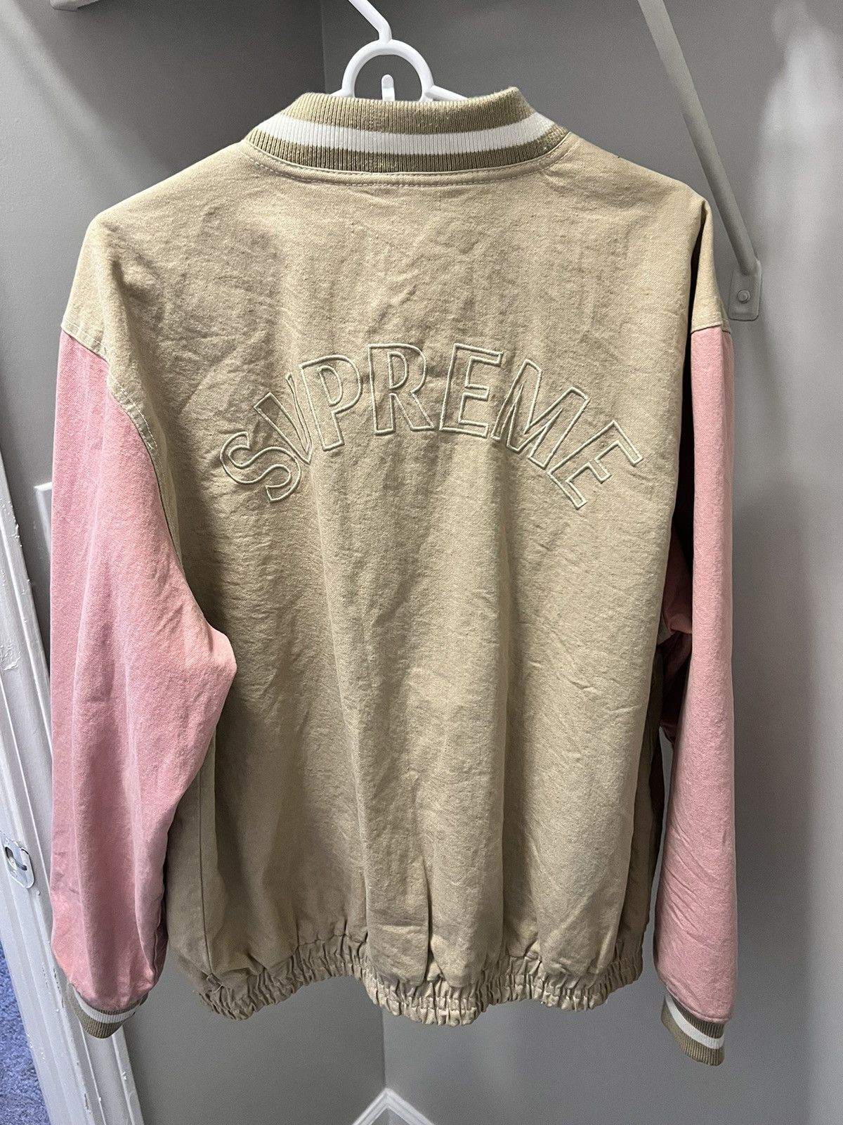 Supreme SUPREME DENIM VARSITY JACKET TAN AND PINK Grailed
