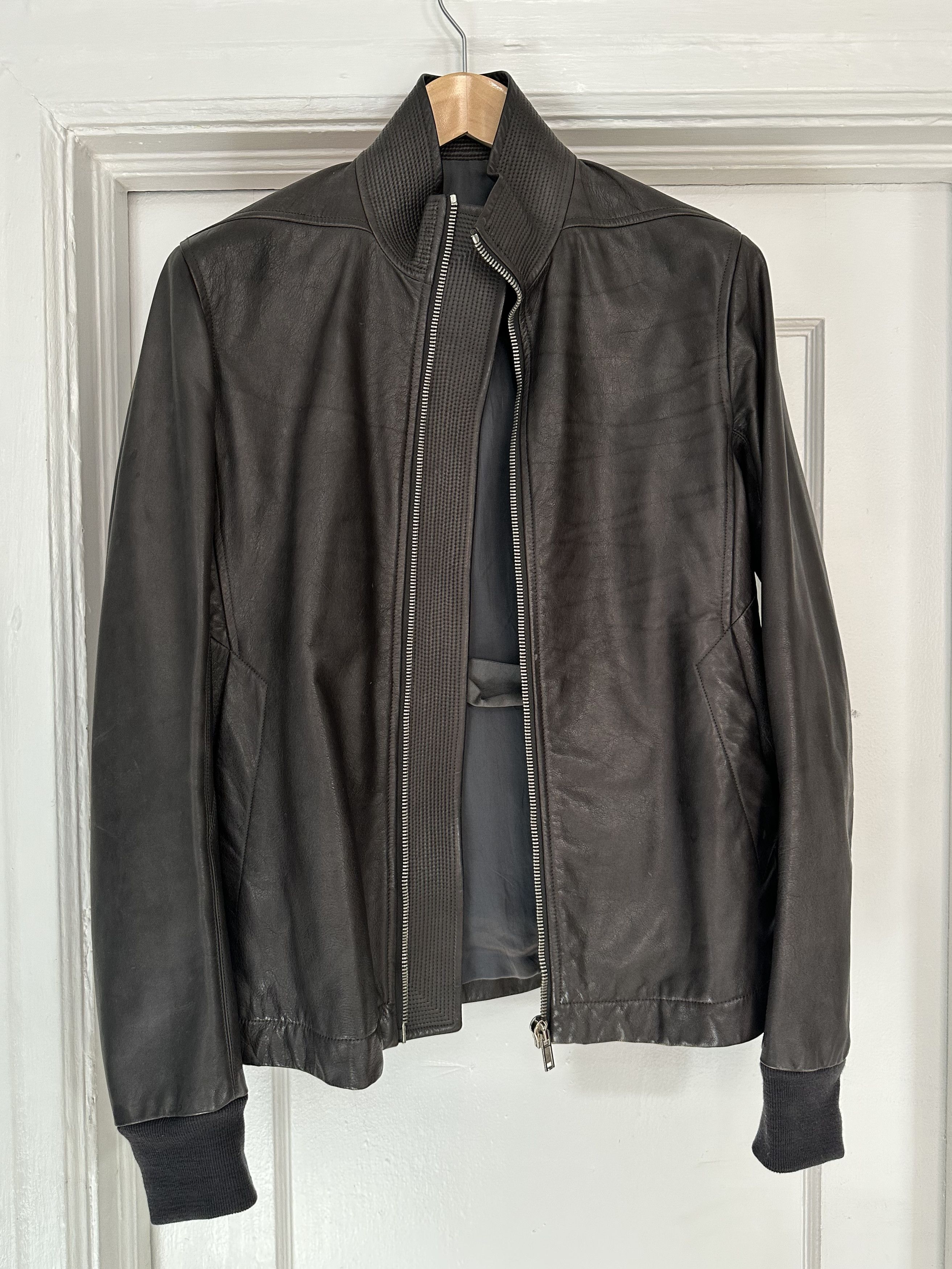 image of Rick Owens Dark Dust Grey Limo Ss11 Leather Sternberg Funnel Jacket, Men's (Size Large)