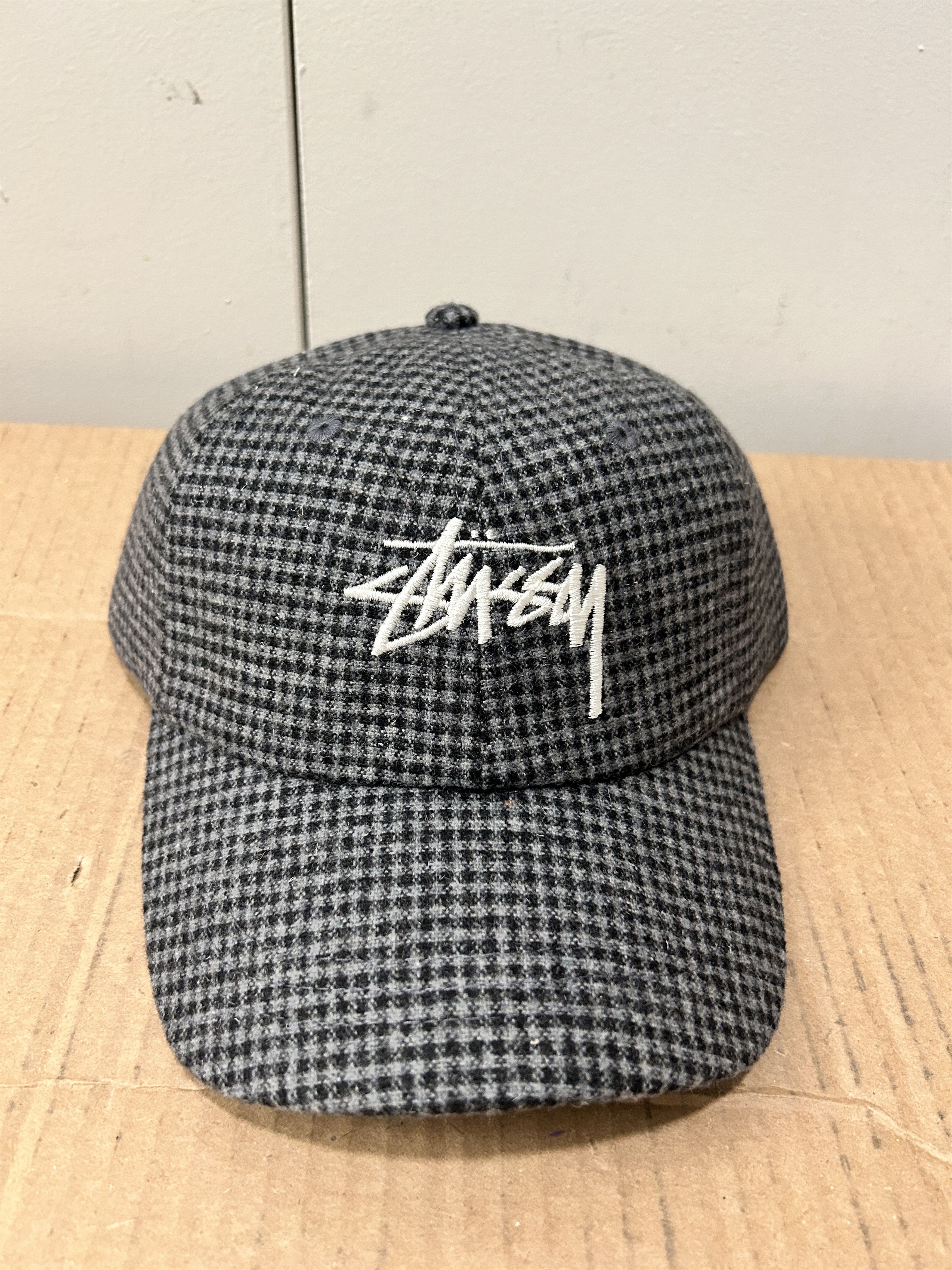 Stussy WOOL CHECK BIG STOCK LOW PRO CHARCOAL CAP HAT logo