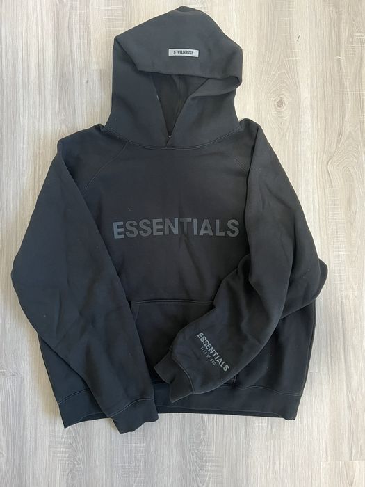 essentials fear of god hoodie black writing