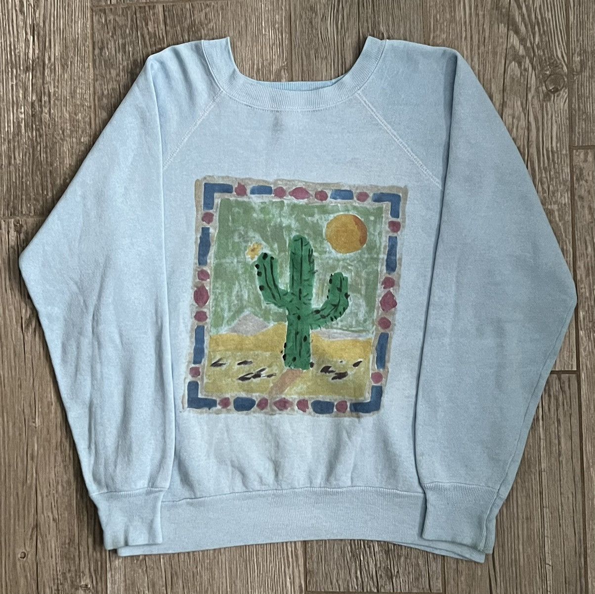 image of 1990 Desert Cactus Abstract Art Light Blue Crewneck, Men's (Size Medium)