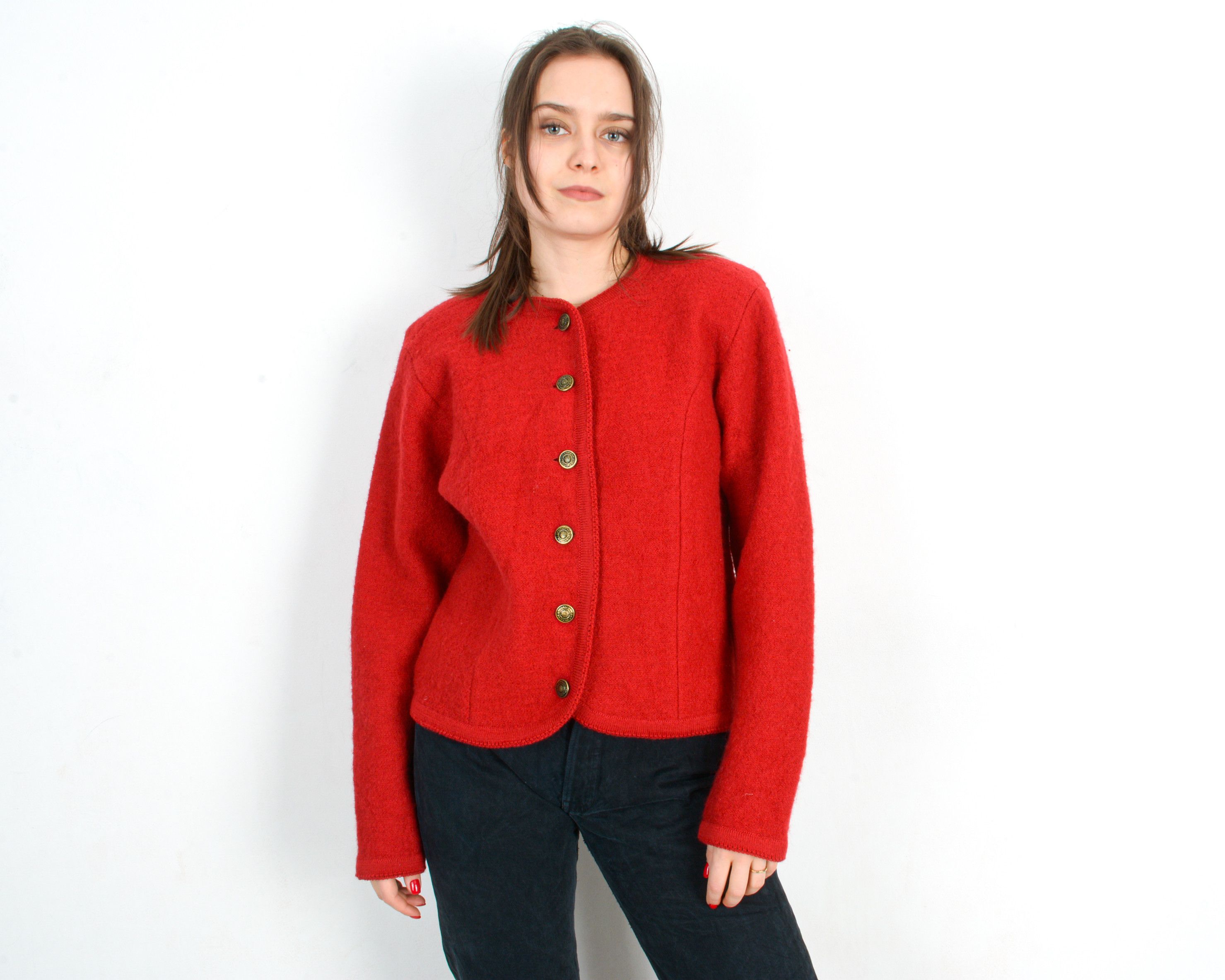 Other × Vintage 80s TALLY HO Wool Trachten Cardigan Sweater Jacket Red Top Size M / US 6-8 / IT 42-44 - 1 Thumbnail