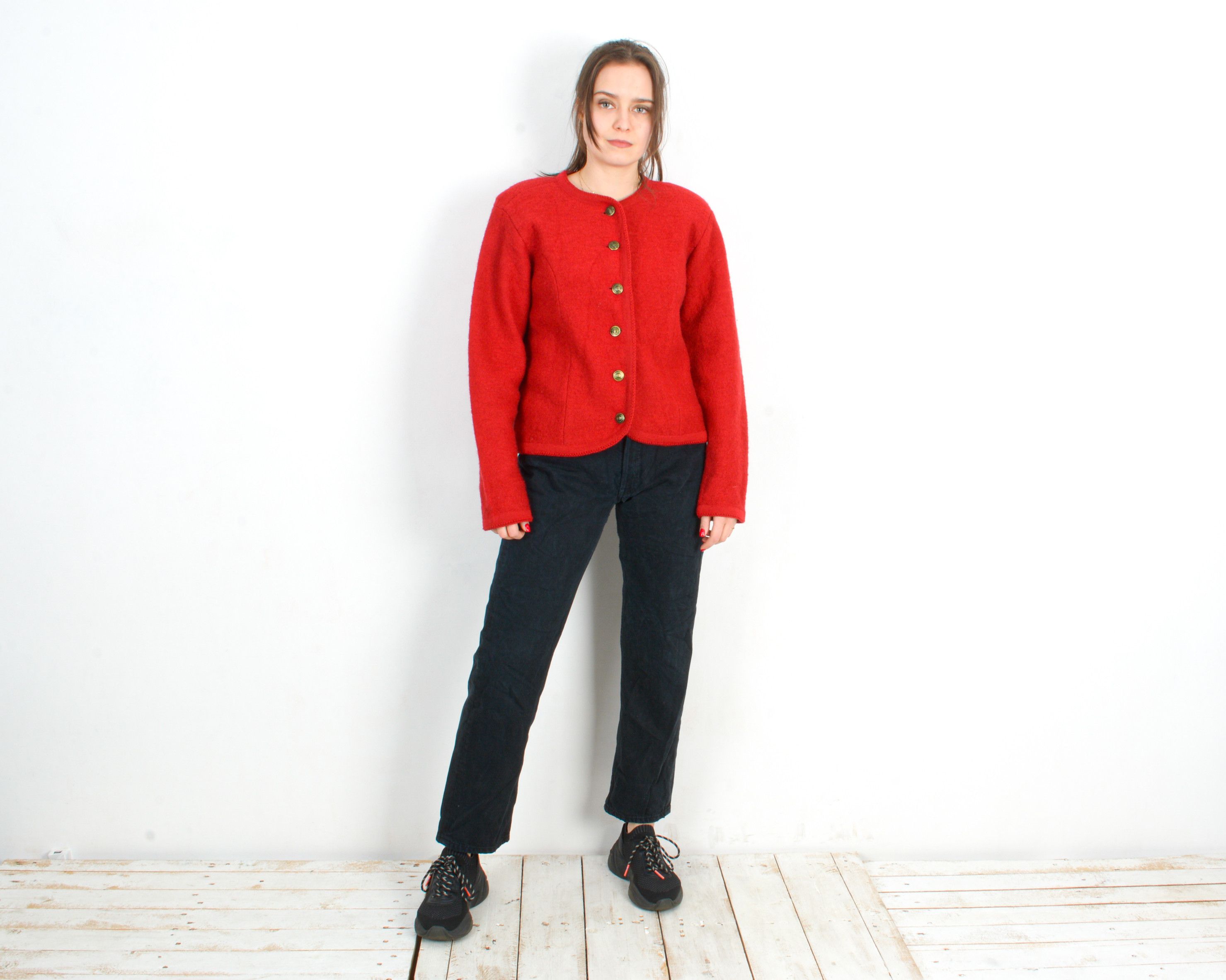 Other × Vintage 80s TALLY HO Wool Trachten Cardigan Sweater Jacket Red Top Size M / US 6-8 / IT 42-44 - 2 Thumbnail