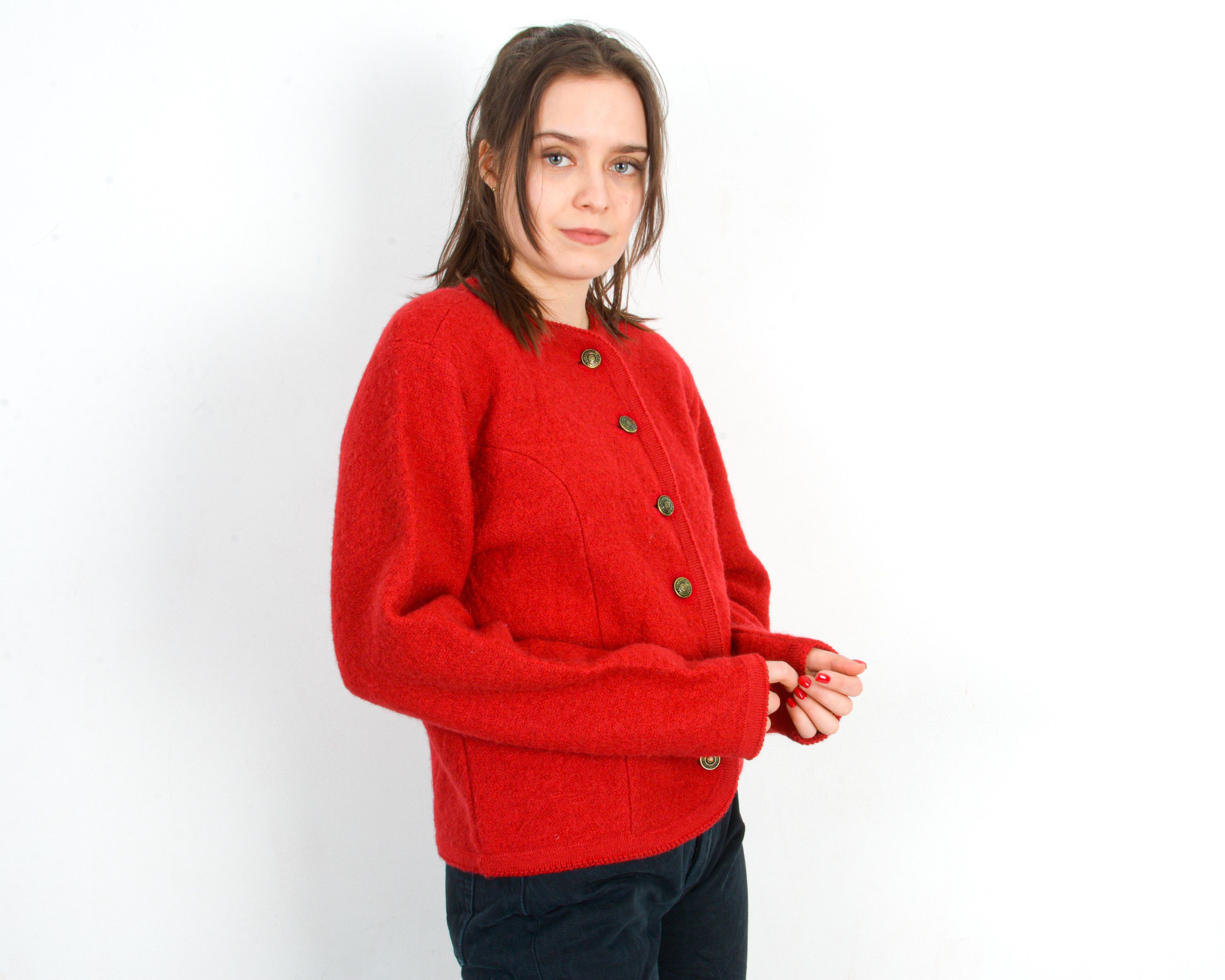 Other × Vintage 80s TALLY HO Wool Trachten Cardigan Sweater Jacket Red Top Size M / US 6-8 / IT 42-44 - 3 Thumbnail