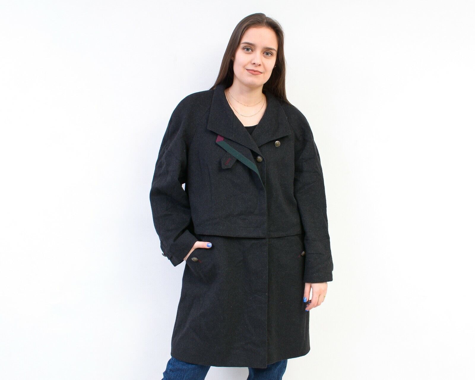 image of Vintage Loden Alpaca Coat Jacket Overcoat Lining Green Buttons Up in Black, Women's (Size Large)