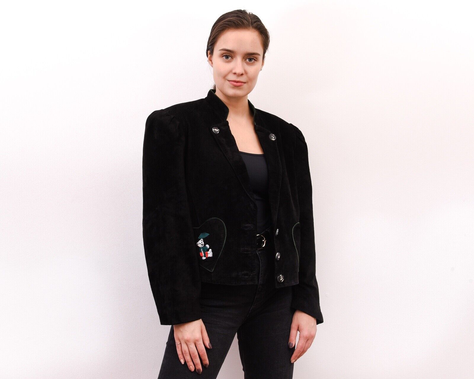Vintage Trachten Suede Leather Embroider Jacket Blazer Heart Pockets Size M / US 6-8 / IT 42-44 - 1 Thumbnail