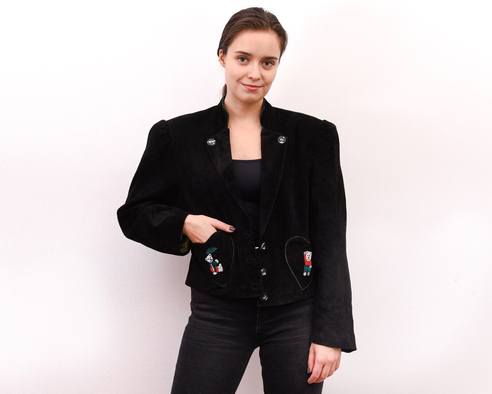 Vintage Trachten Suede Leather Embroider Jacket Blazer Heart Pockets Size M / US 6-8 / IT 42-44 - 2 Thumbnail