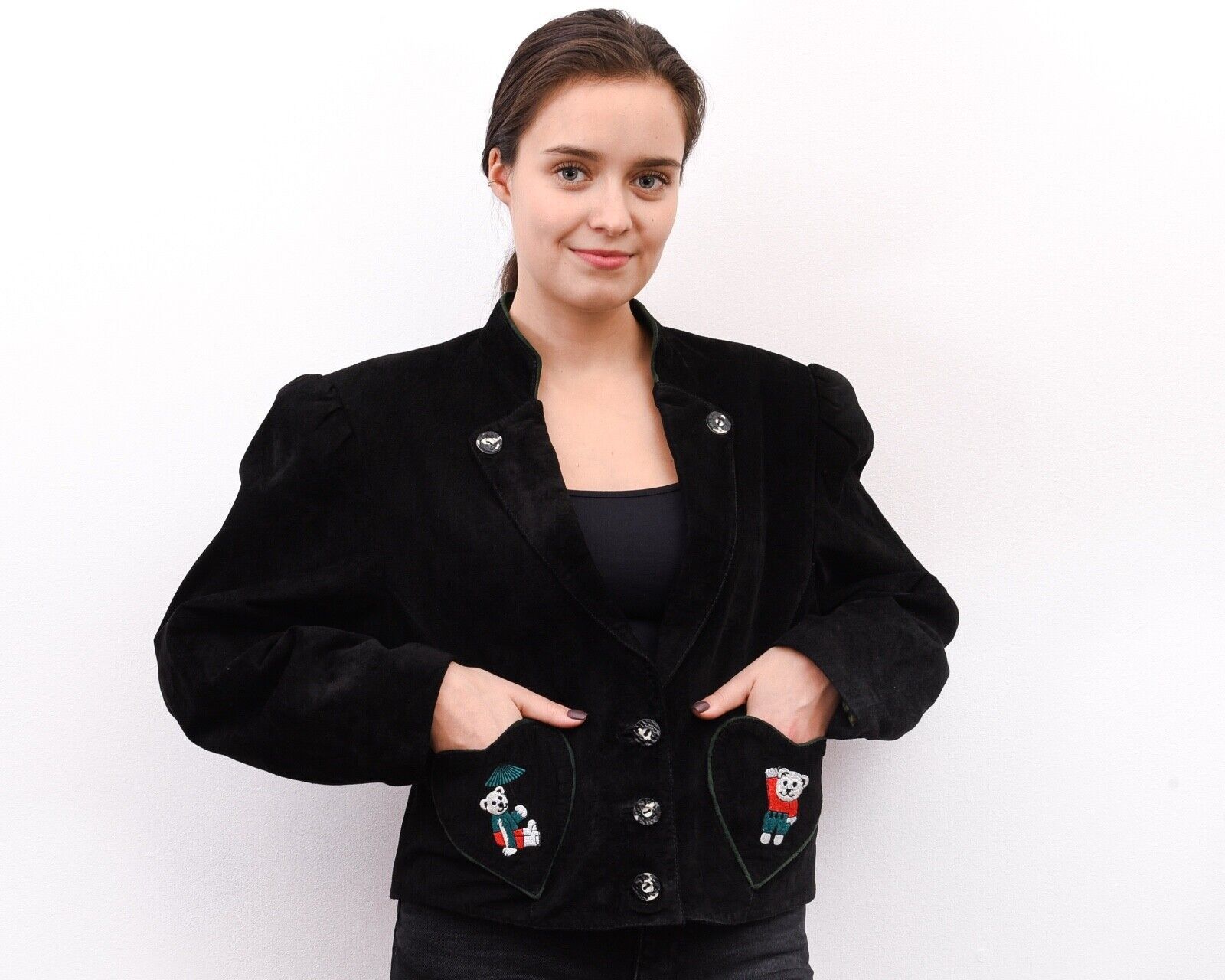 Vintage Trachten Suede Leather Embroider Jacket Blazer Heart Pockets Size M / US 6-8 / IT 42-44 - 5 Thumbnail