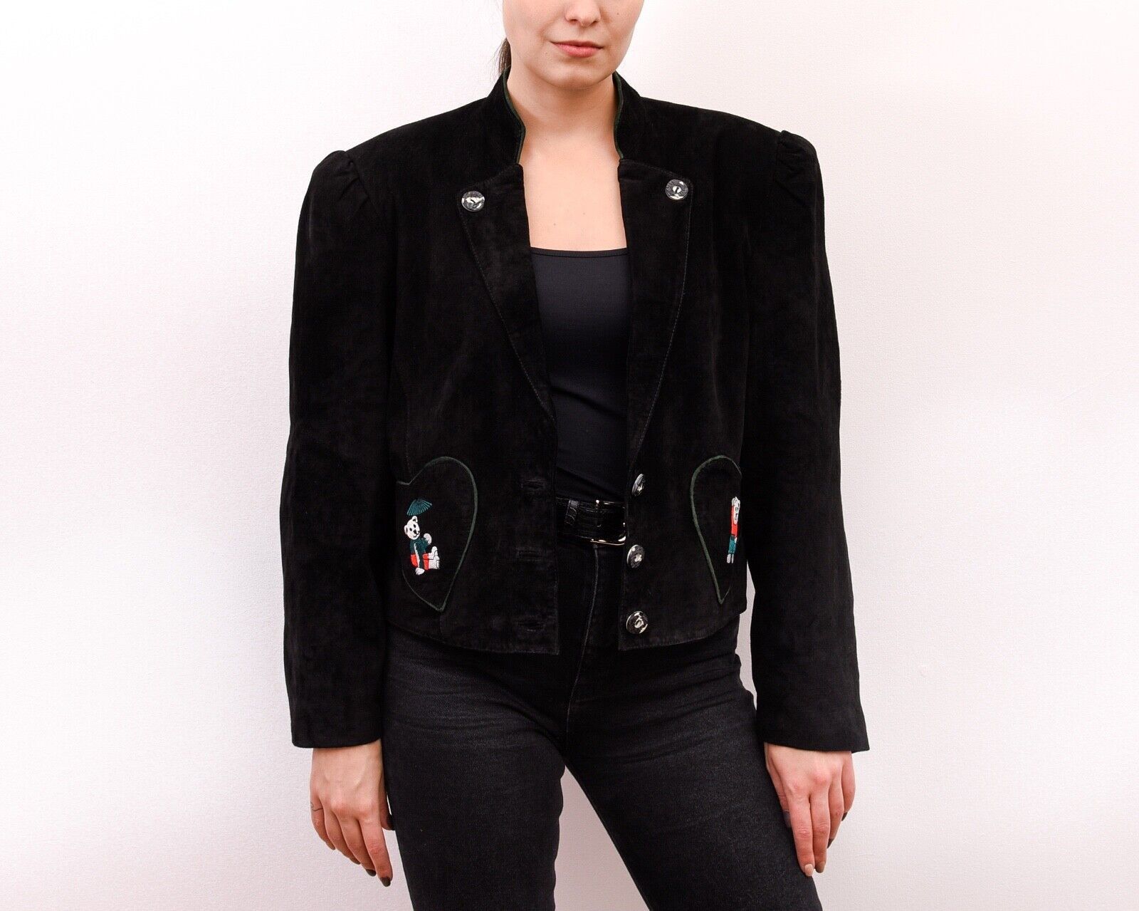 Vintage Trachten Suede Leather Embroider Jacket Blazer Heart Pockets Size M / US 6-8 / IT 42-44 - 3 Thumbnail