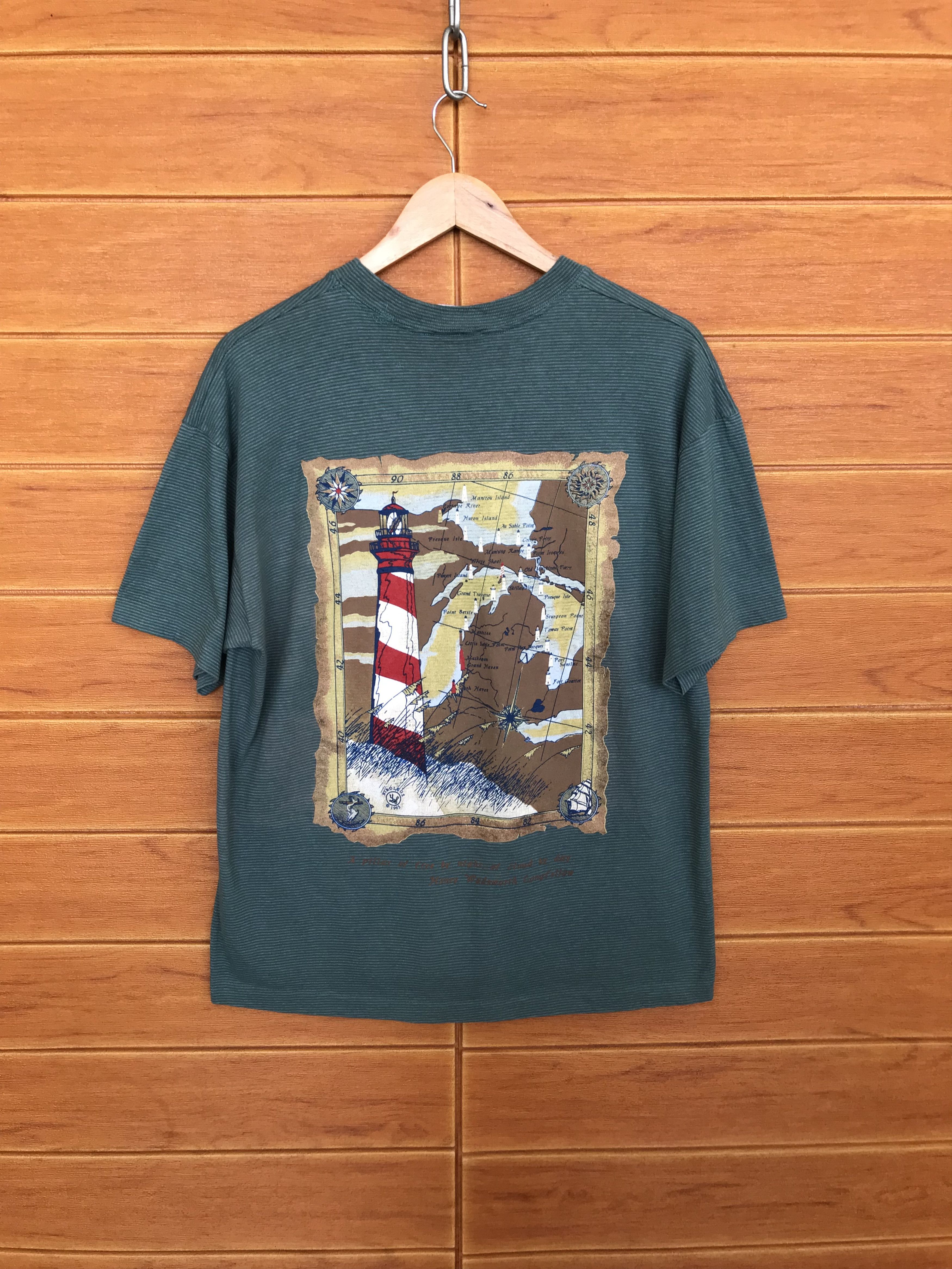 Vintage Vintage 90s Lighthouse And Map Pin Striped T-Shirt Size US L / EU 52-54 / 3 - 2 Thumbnail