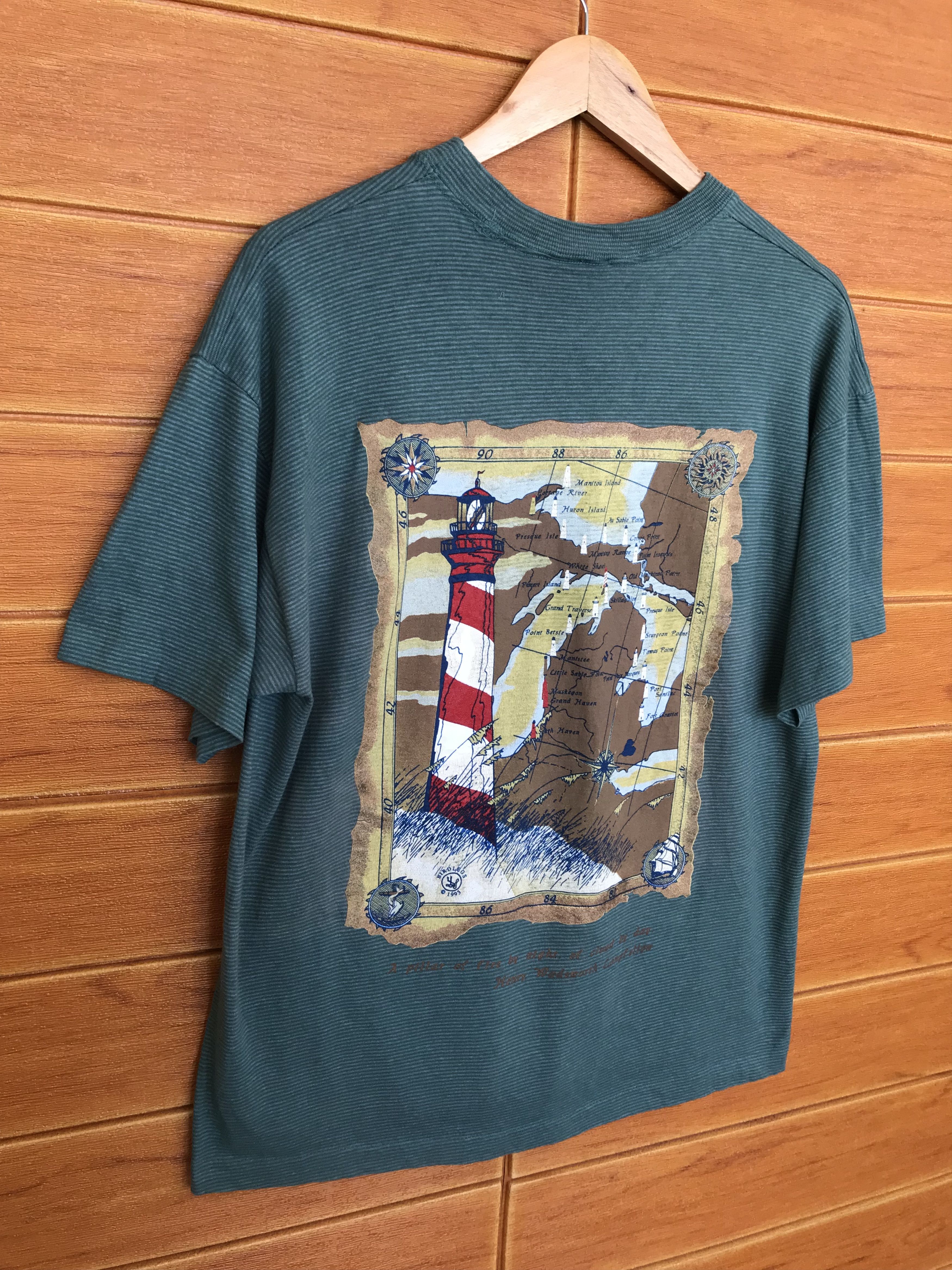 Vintage Vintage 90s Lighthouse And Map Pin Striped T-Shirt Size US L / EU 52-54 / 3 - 4 Thumbnail