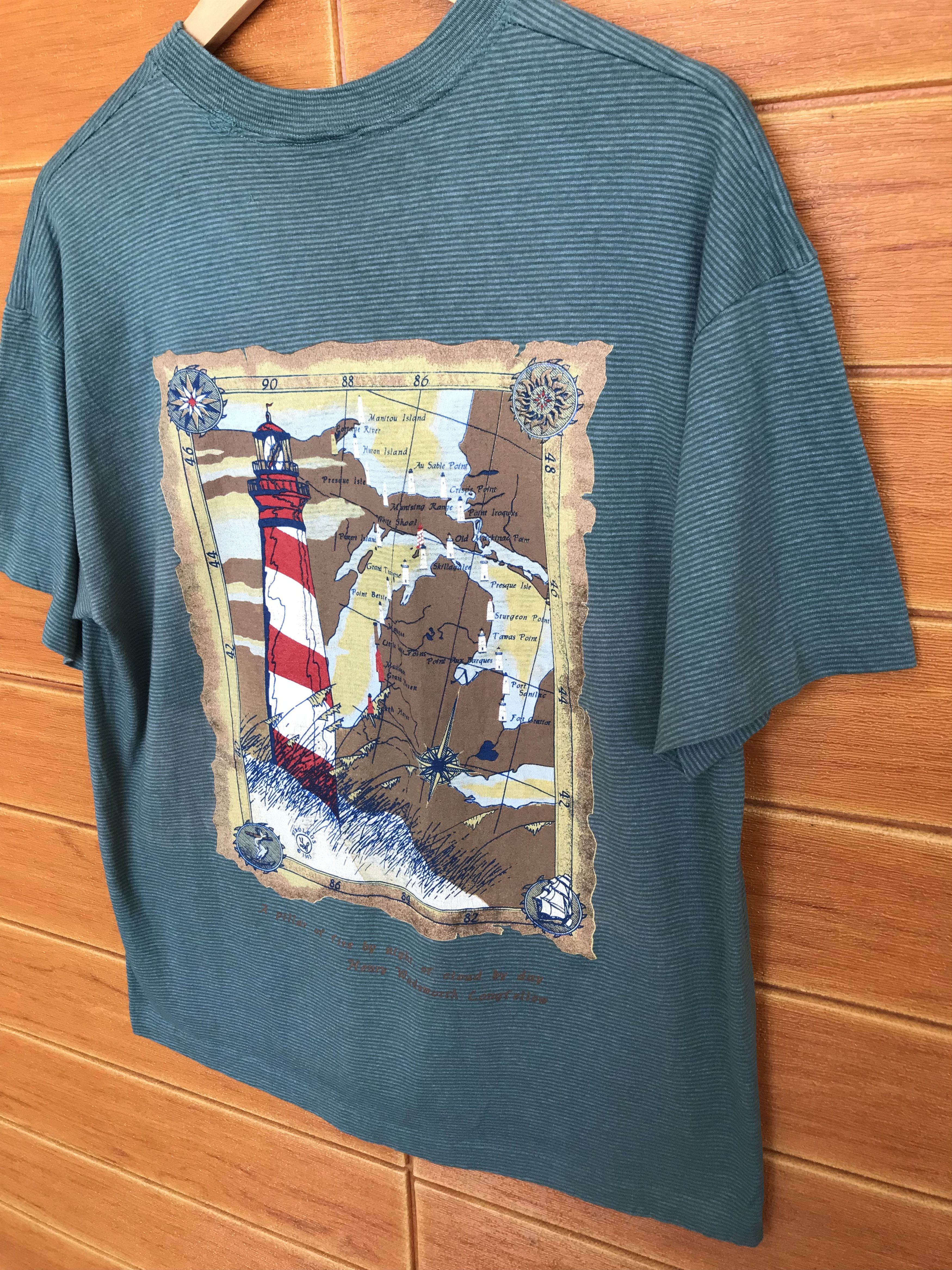 Vintage Vintage 90s Lighthouse And Map Pin Striped T-Shirt Size US L / EU 52-54 / 3 - 5 Thumbnail