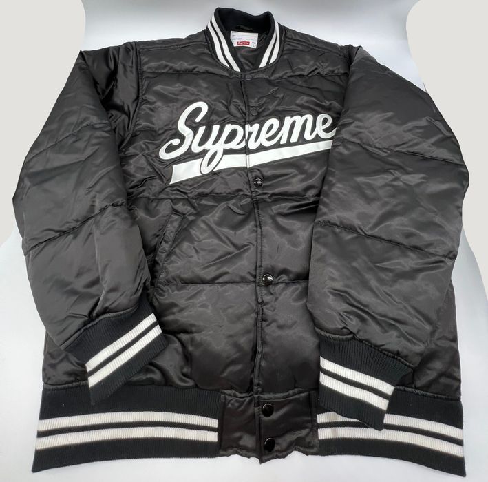 Supreme Supreme Script Varsity Puffy Jacket Black | Grailed