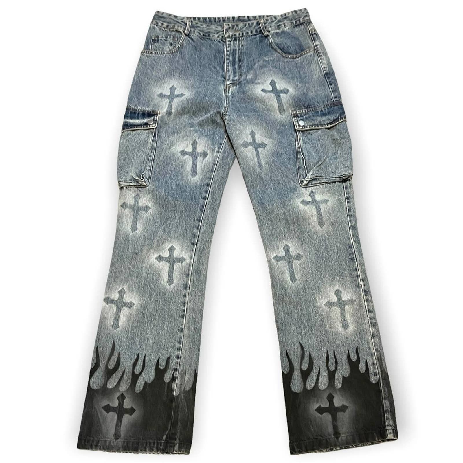 Streetwear Asian Designer ‘Aw Spiky Head’ Chrome Crosses Denim Jeans ...