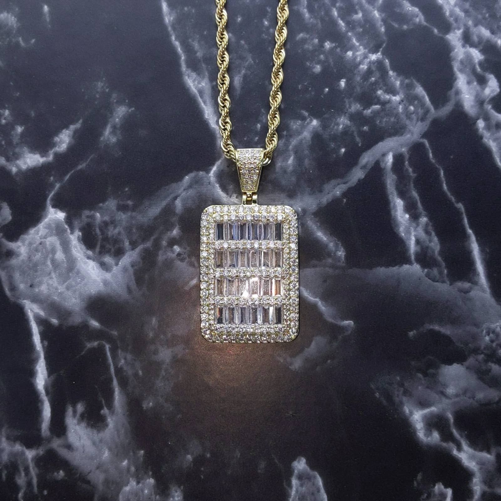 14K Gold Finish Baguette factory CZ Dog-Tag & Chain