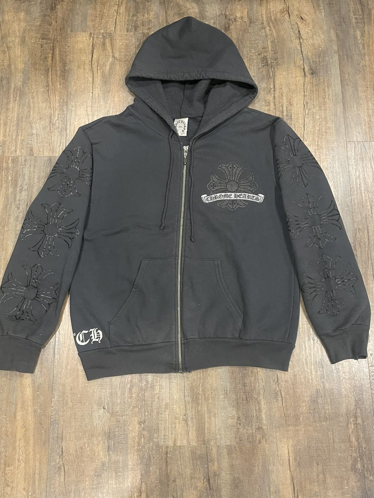 RARE Chrome Hearts Horseshoe Cross Logo Grey Zip Up Hoodie