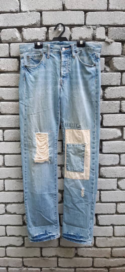 image of Distressed Denim x Takeo Kikuchi Distressed Patchwork Denim Pants in Blue, Men's (Size 32)