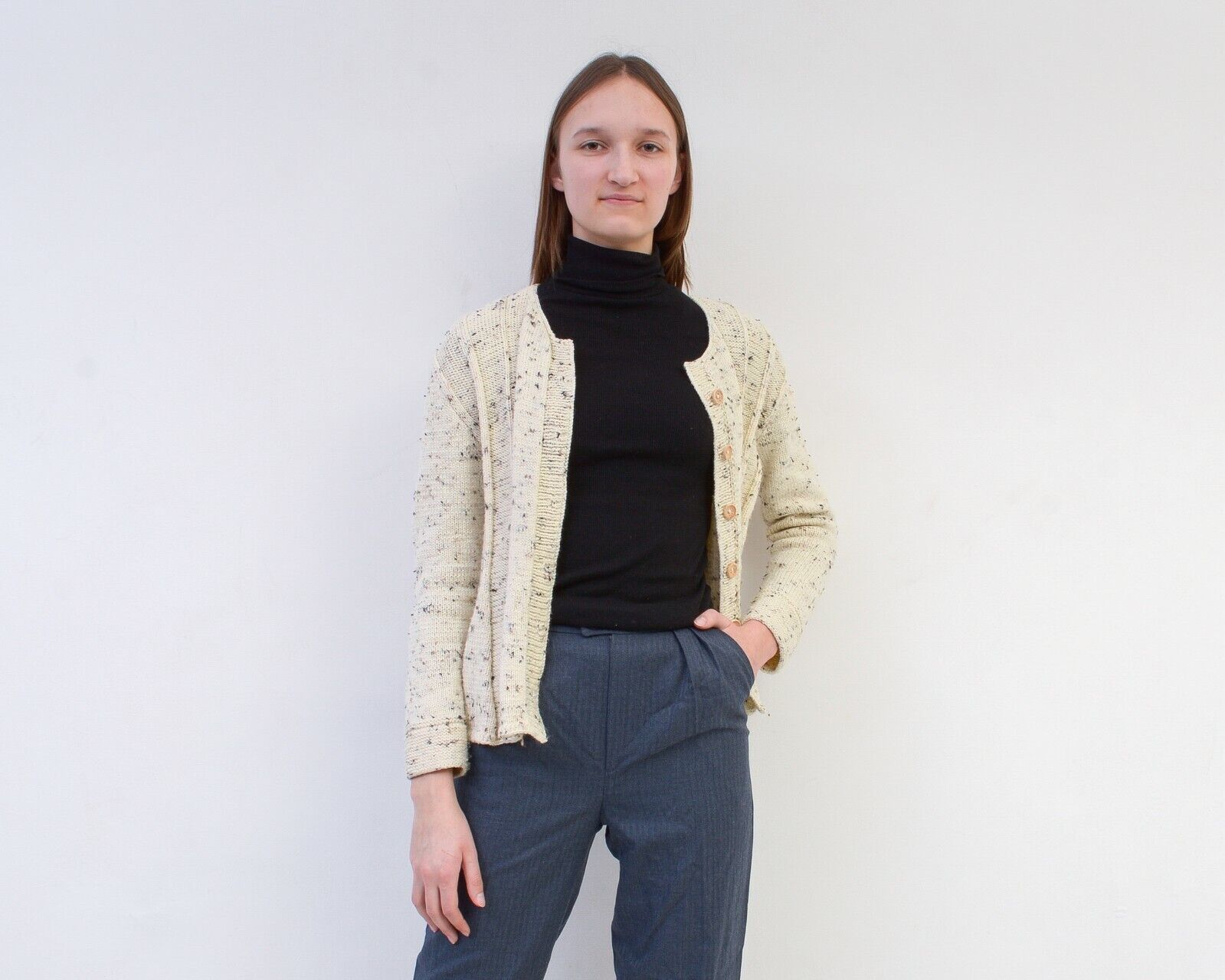 Vintage Cardigan Jacket Wool Sweater Wooden Button Up Stripe Knit Size S / US 4 / IT 40 - 2 Thumbnail