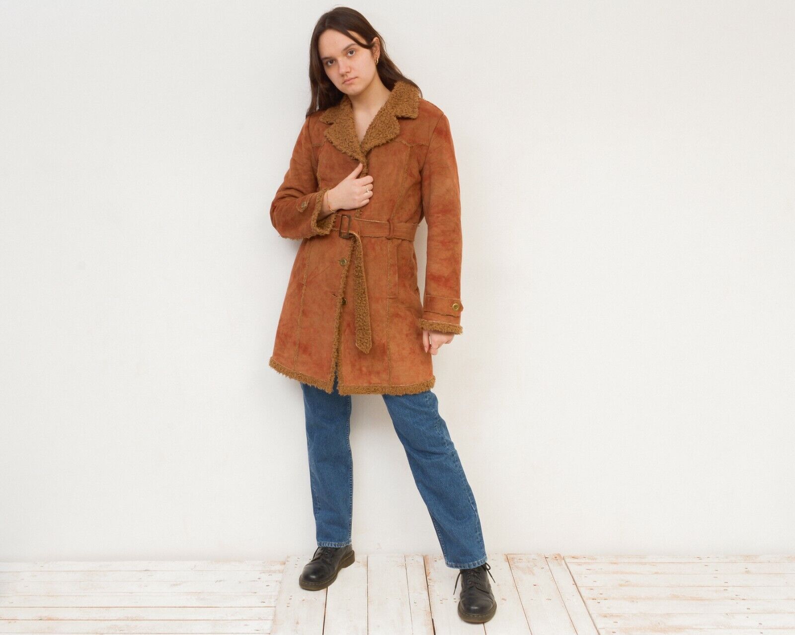 Leather × Vintage Faux Suede Faux Fur Jacket Coat Afghan Warm Overcoat Belted Size L / US 10 / IT 46 - 3 Thumbnail