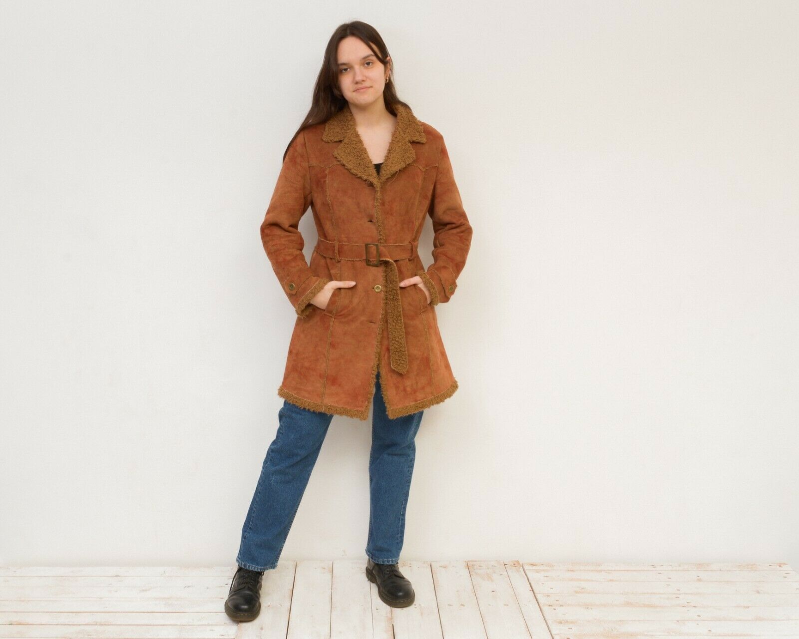 Leather × Vintage Faux Suede Faux Fur Jacket Coat Afghan Warm Overcoat Belted Size L / US 10 / IT 46 - 1 Thumbnail