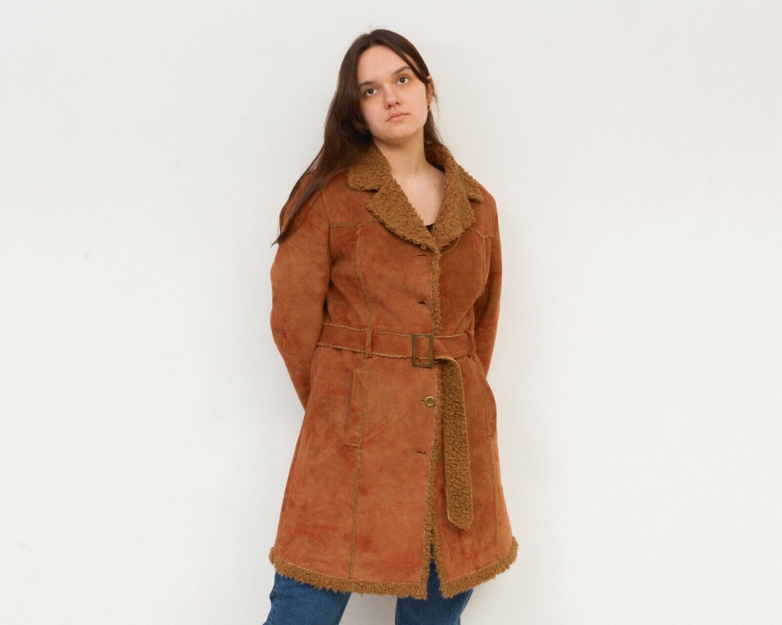 Leather × Vintage Faux Suede Faux Fur Jacket Coat Afghan Warm Overcoat Belted Size L / US 10 / IT 46 - 2 Thumbnail