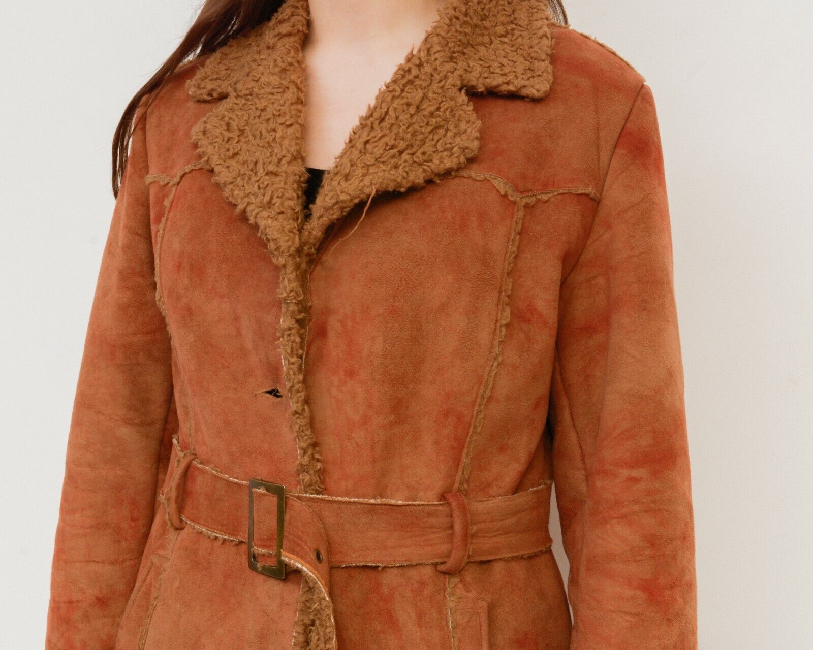 Leather × Vintage Faux Suede Faux Fur Jacket Coat Afghan Warm Overcoat Belted Size L / US 10 / IT 46 - 6 Thumbnail
