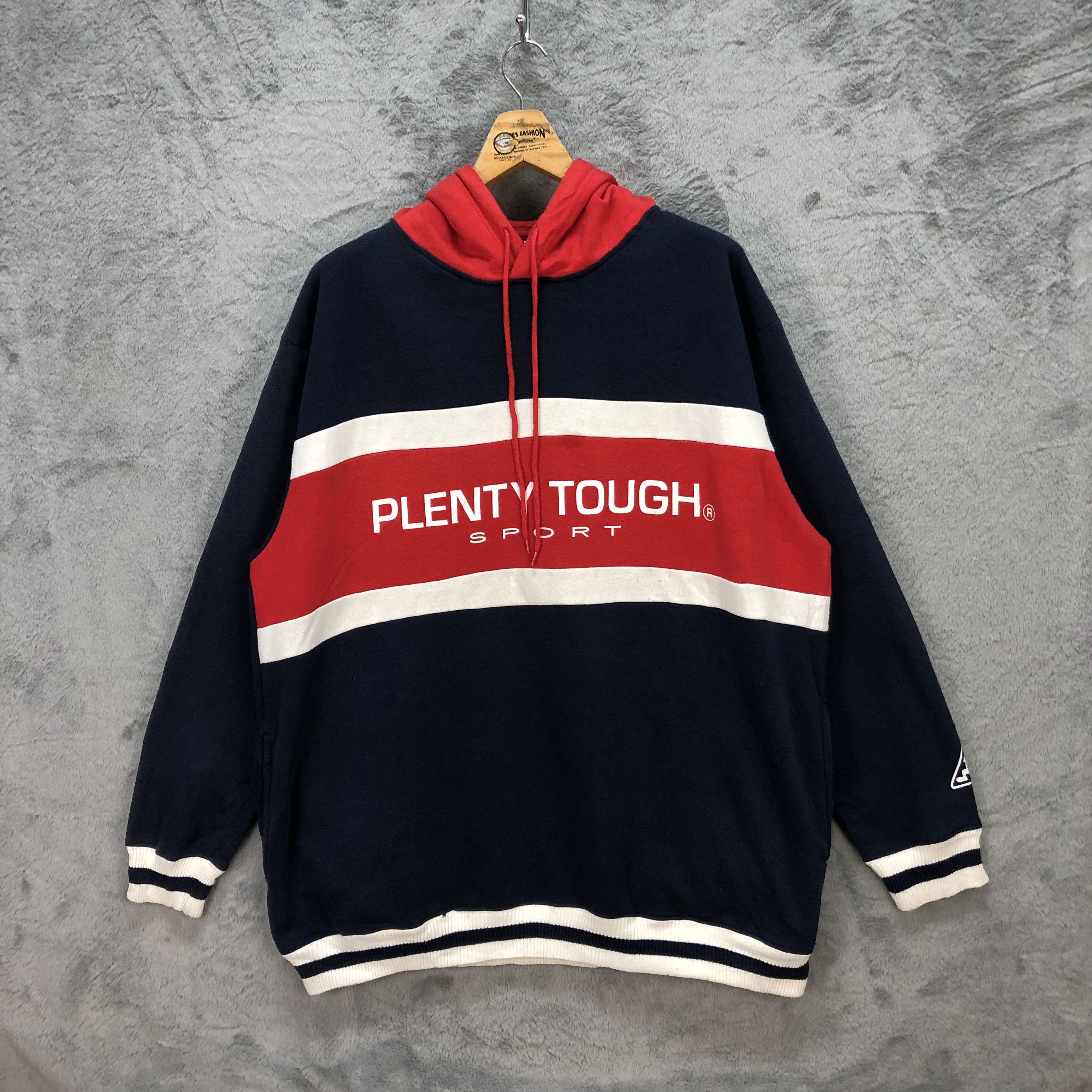 image of Vintage Plenty Tough Sport Big Logo Colorblock Hoodies 5792-207 in Navy, Men's (Size 2XL)