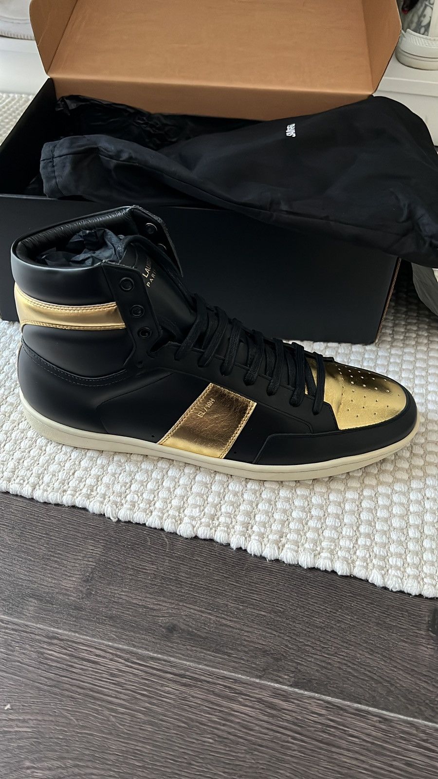 image of Saint Laurent Paris x YVES Saint Laurent Hightops Shoes in Black/Gold, Men's (Size 11)