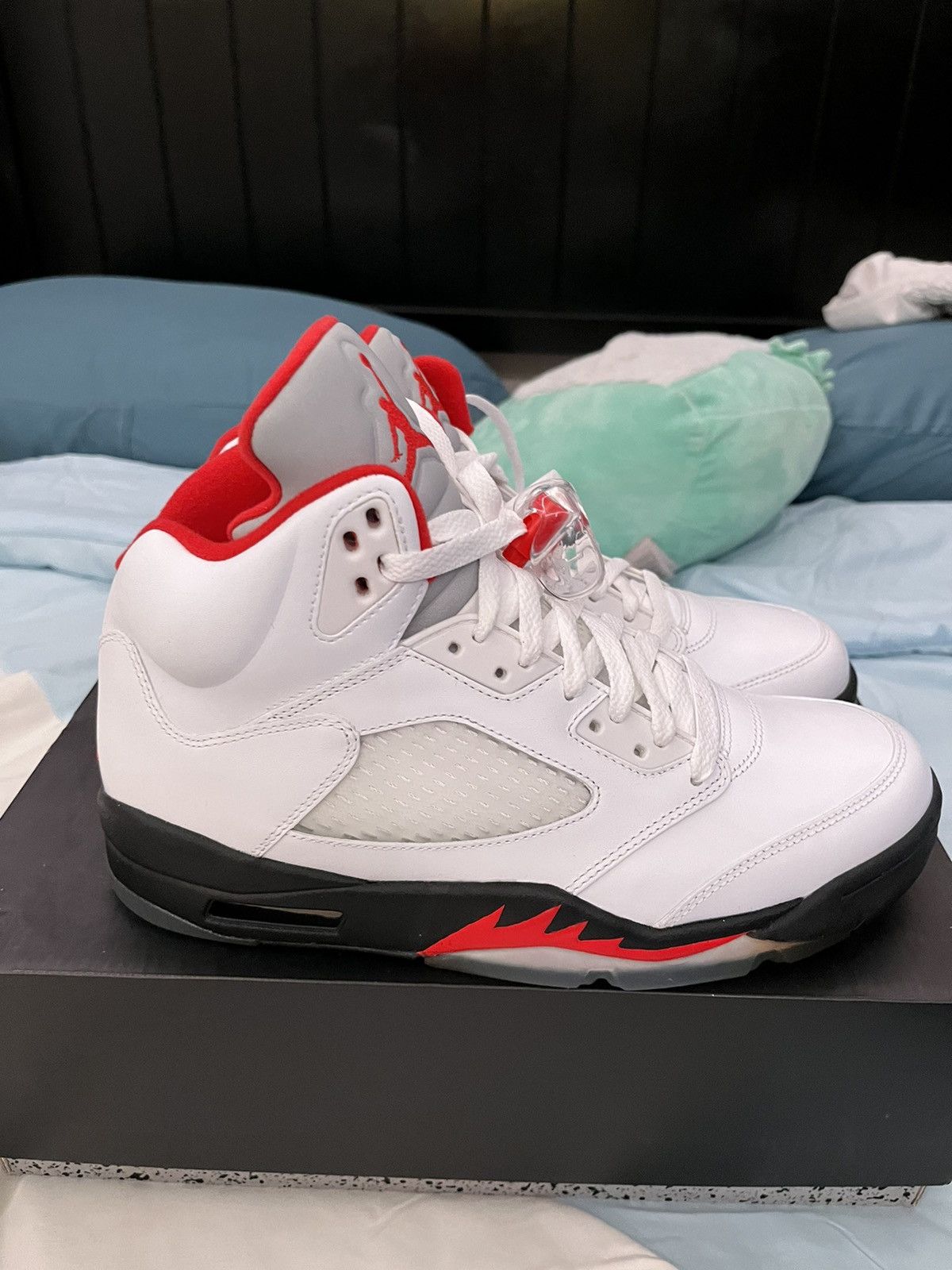 image of Jordan Brand 5 Fire Red Shoes in White, Men's (Size 9)