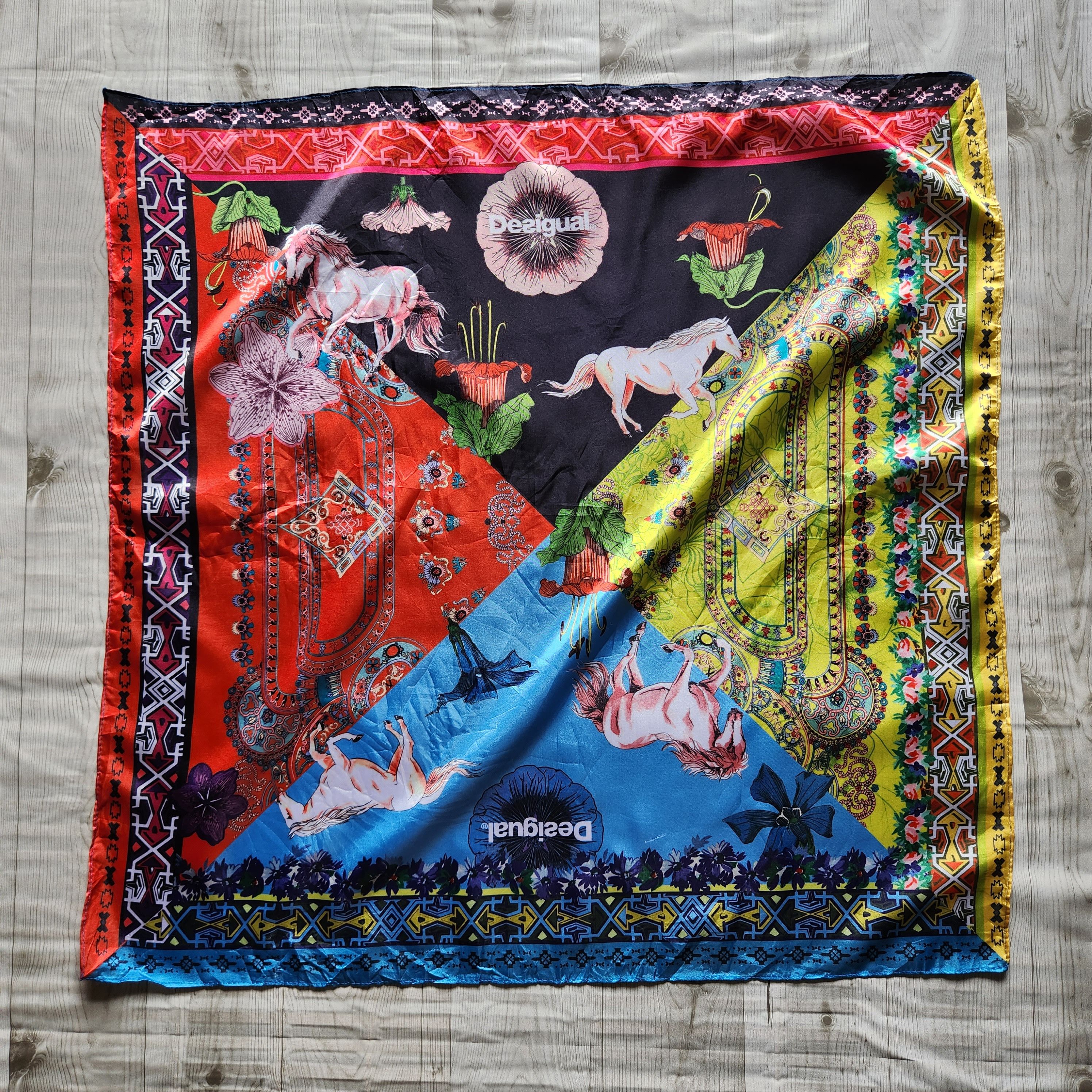 Vintage Desigual Scarf Multicolor Satin Silk