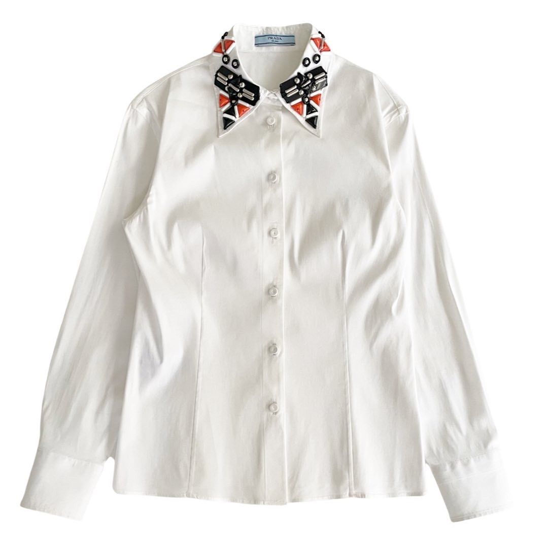 Prada Prada AW2019 Jeweled Poplin Collar Shirt Size US XXS / EU 40 - 2 Thumbnail