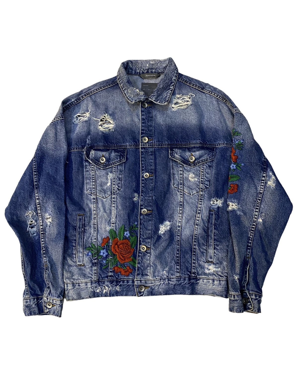 Vintage Zara Denim Jacket Distressed Rose Denim Outerwear