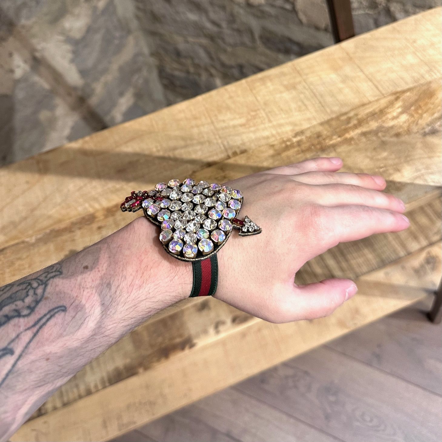 Gucci Gucci Crystal Embellished Heart Elastic Web Bracelet Size ONE SIZE - 8 Thumbnail
