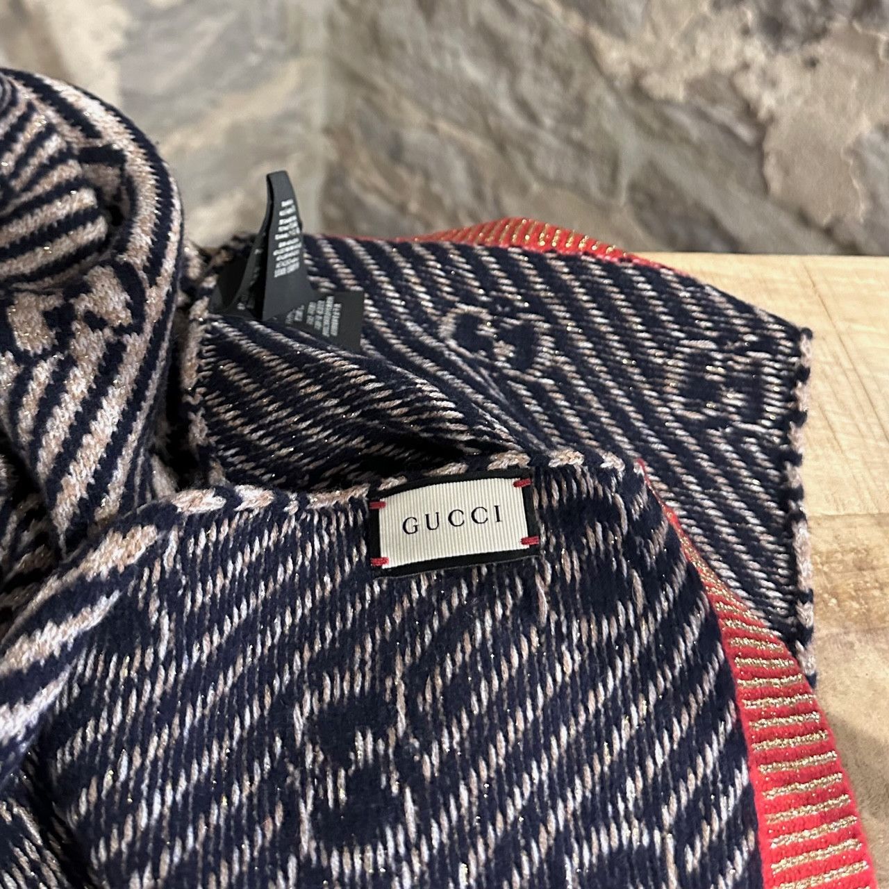 Gucci Gucci Diagonal Beige Navy GG Diagonal Stripe Scarf Size ONE SIZE - 7 Thumbnail