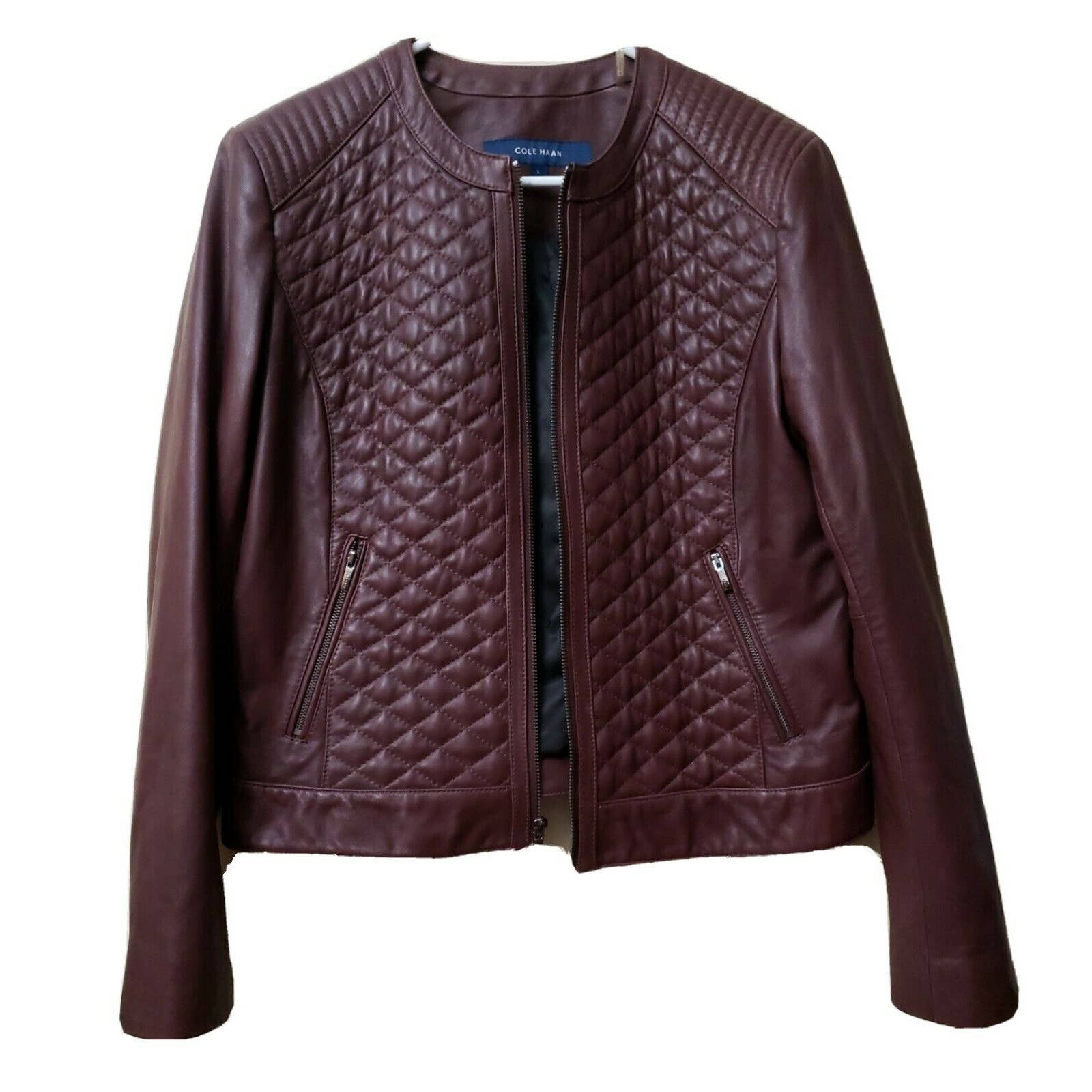 Collarless Cole Haan Jacket Leather Quilted Leather Cole Haan