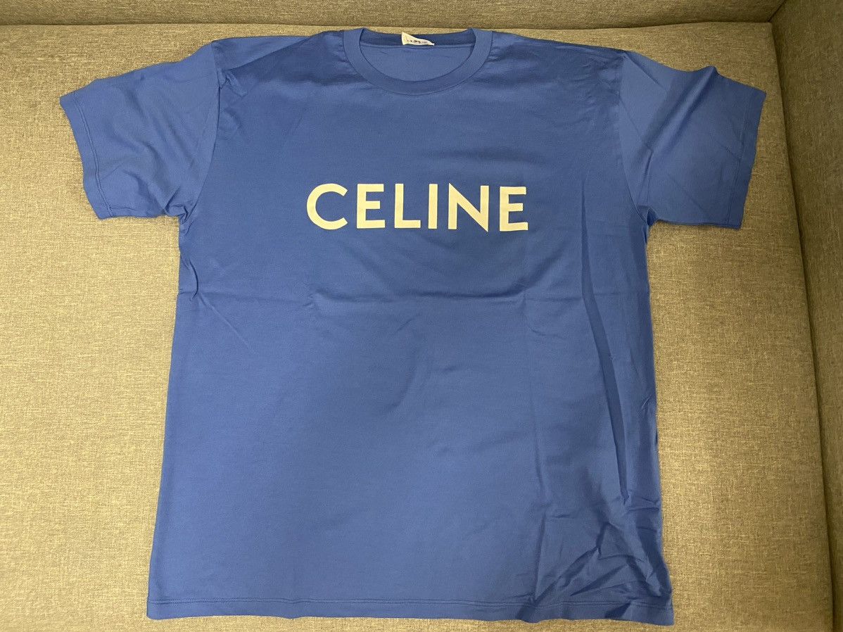 【1枚で可愛く♪】CELINE navy blue logo T-shirt Celine Celine blue logo t shirt M | Grailed