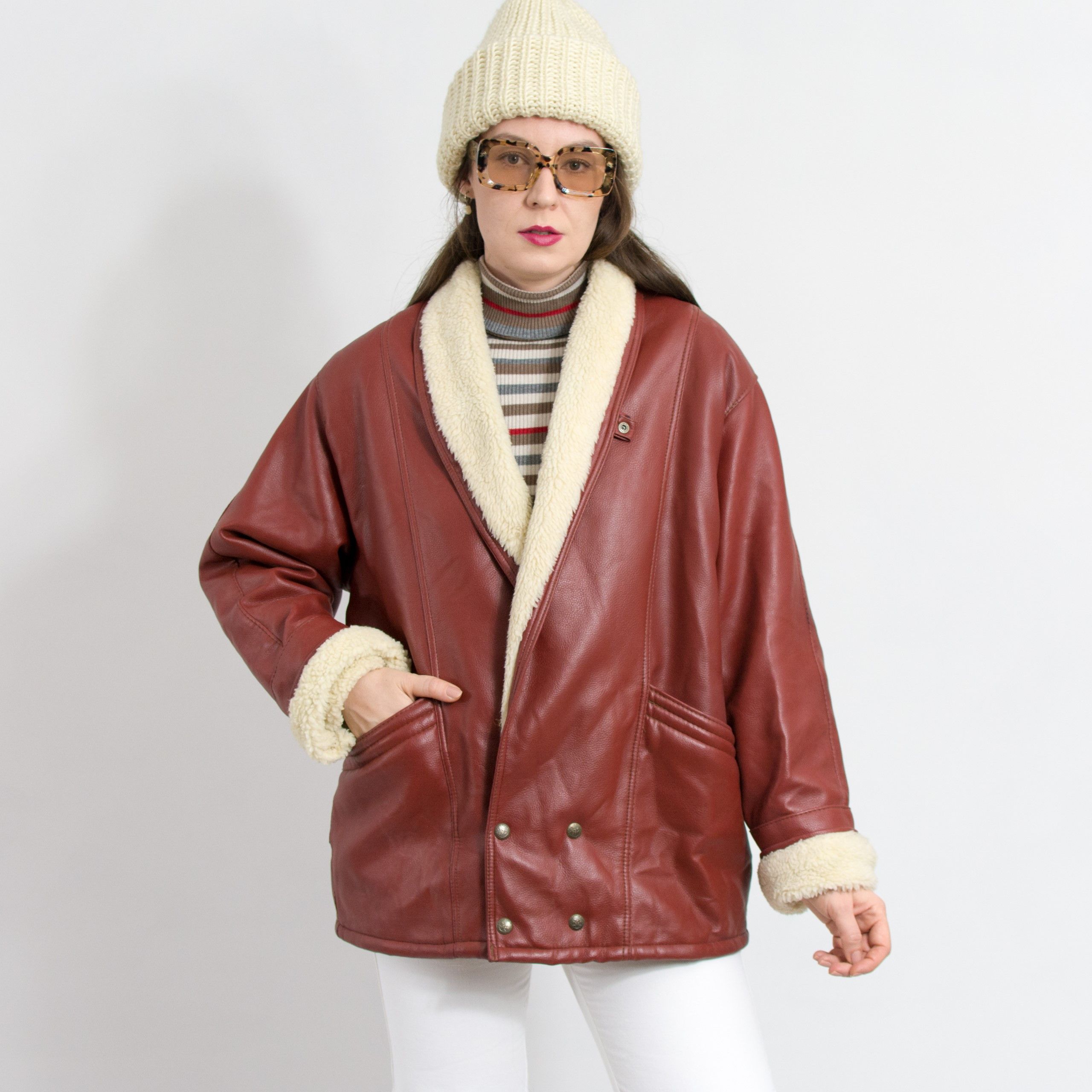 Vintage Shearling jacket vintage faux fur leather jacket Size L / US 10 / IT 46 - 3 Thumbnail