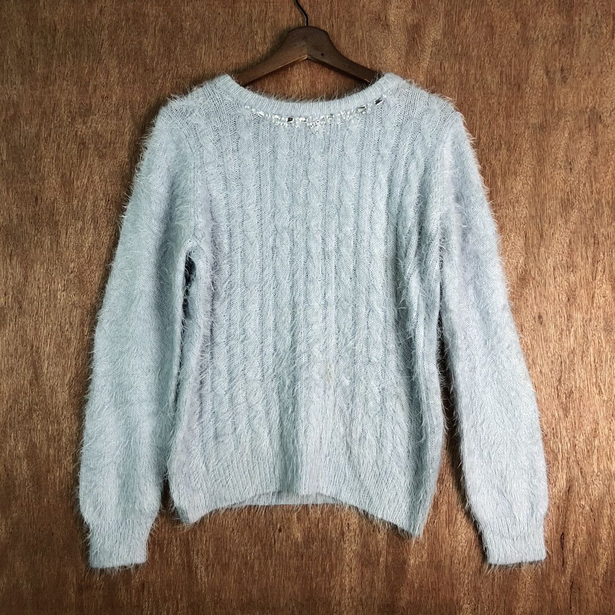image of Coloured Cable Knit Sweater x Homespun Knitwear Hk Work London Soft Blue Mohair Knitwear (Size Larg