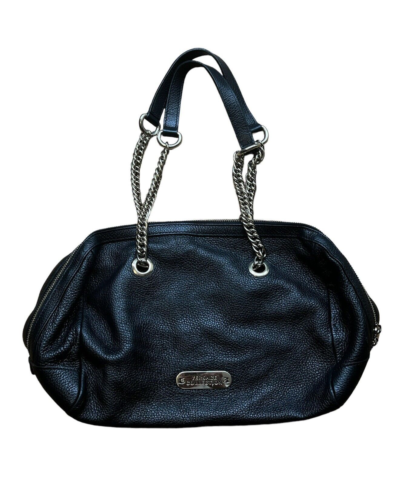 Versace Collection Black Pebbled Leather Gold Tone Chain Lar