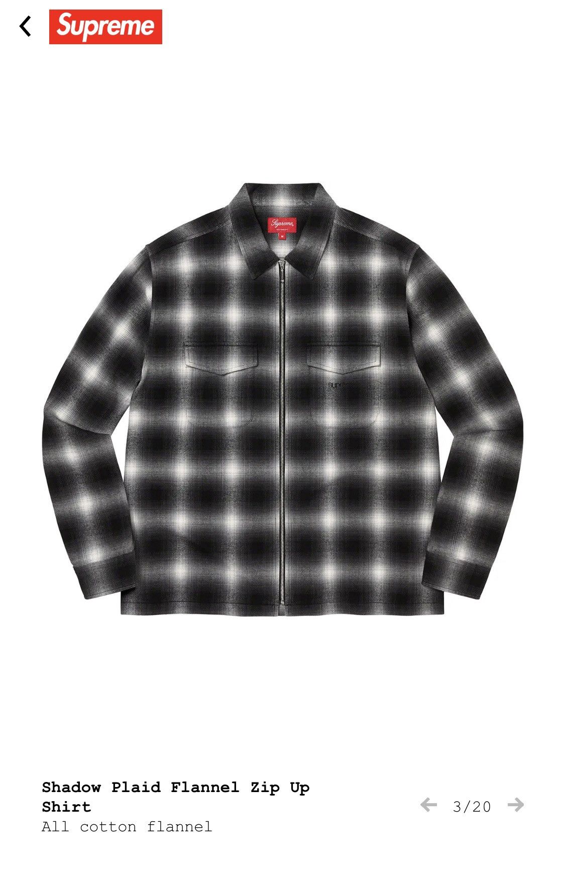 送料無料】 Flannel Plaid Supreme◇22AW/Shadow Zip Shirt/L