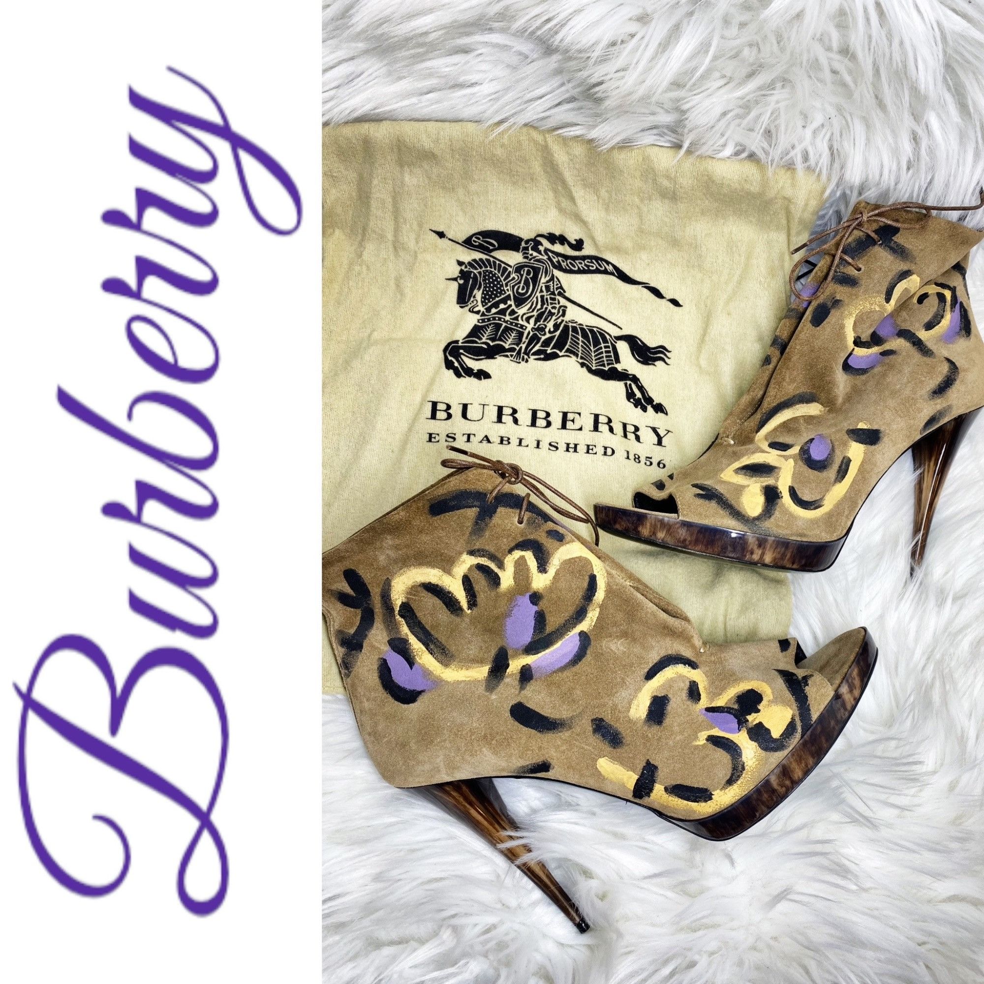 BURBERRY Suede Floral Hand Painted Peep Toe Stiletto Platfor