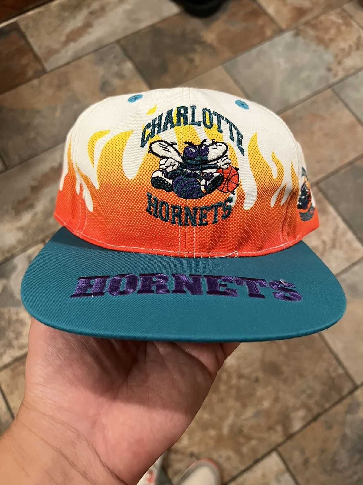 Charlotte Hornets Vintage 90s On Fire Flames Snapback Hat All Over