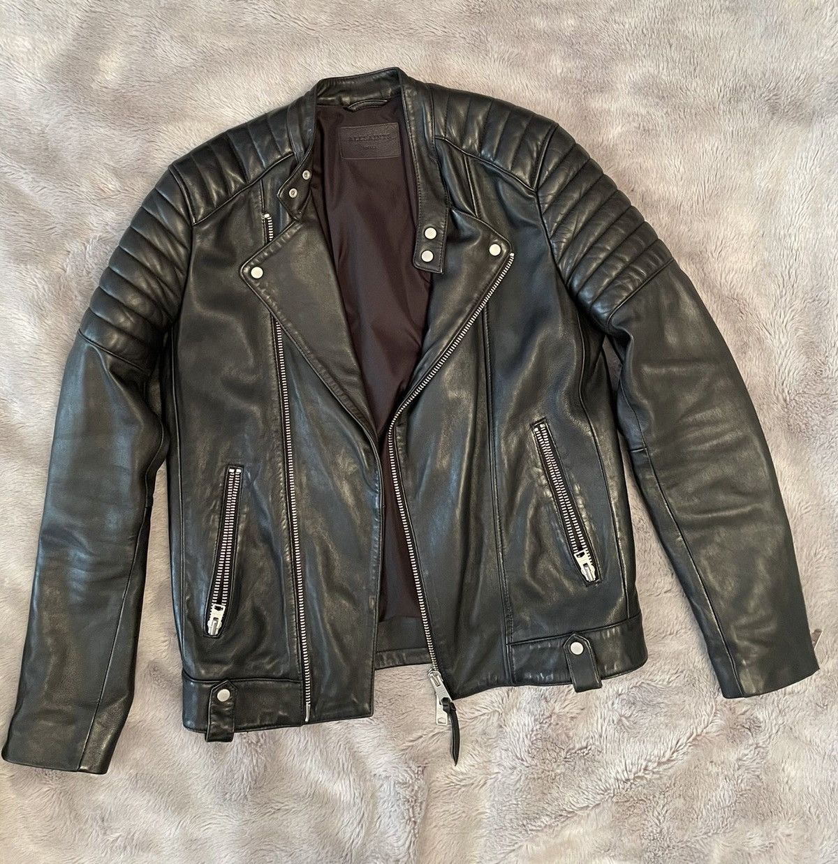 Image of Allsaints Leather Biker Jacket Black Size Small, Men's