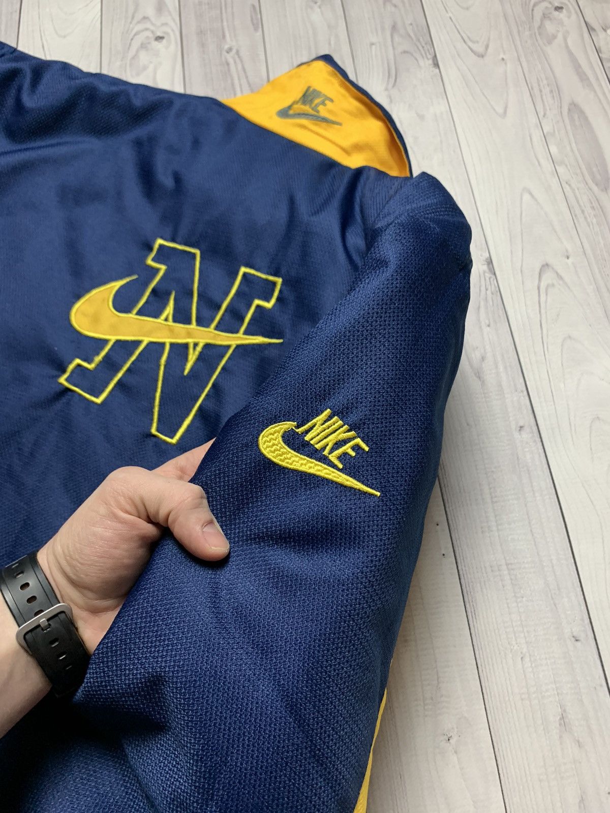 Nike × Vintage Vintage Nike jacket big logo swoosh Yellow/ Navy size S Size US S / EU 44-46 / 1 - 15 Thumbnail