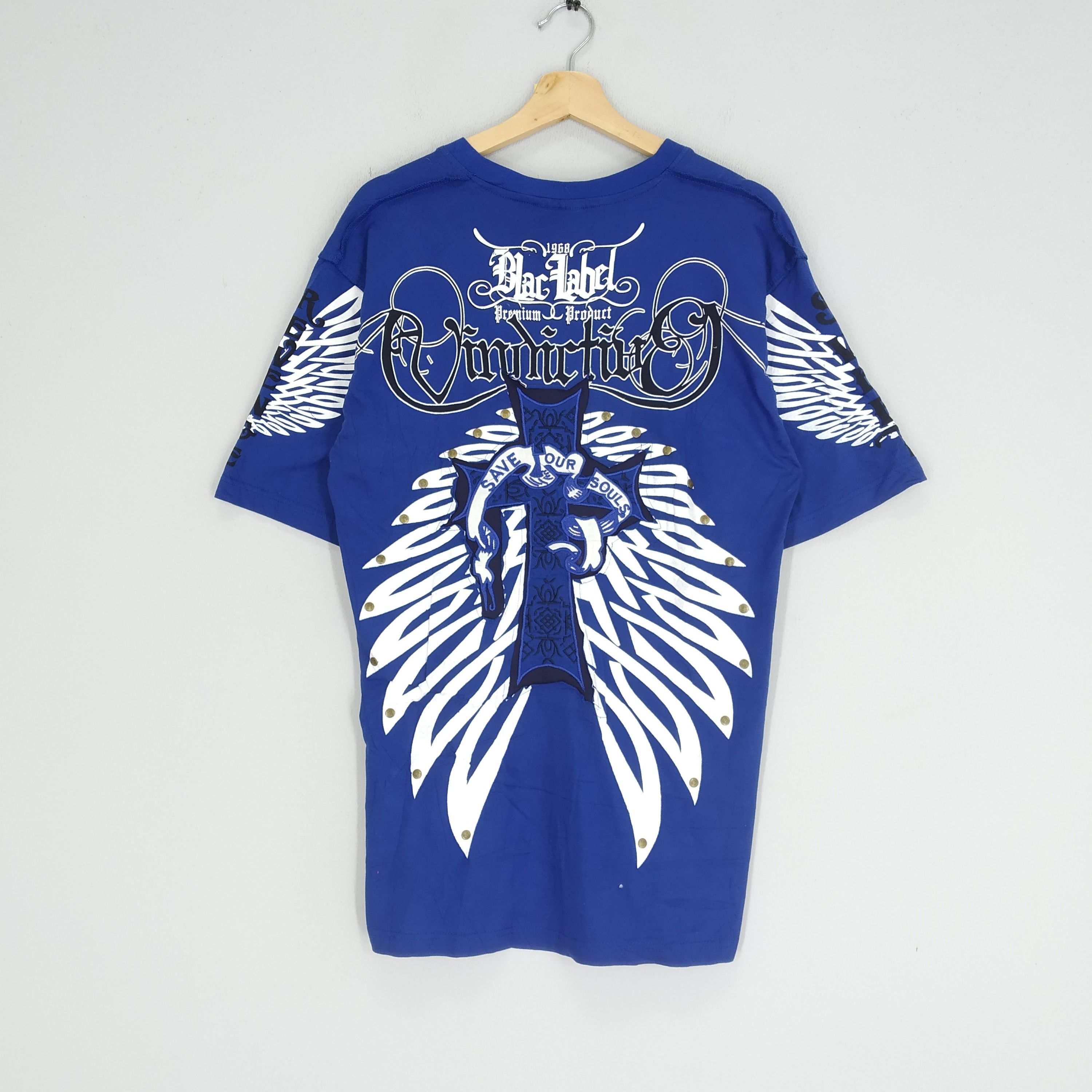 image of Black Label x Vintage Blac Label Brand Overprinted Style Gangsta Tattoo Tee in Blue (Size Large)