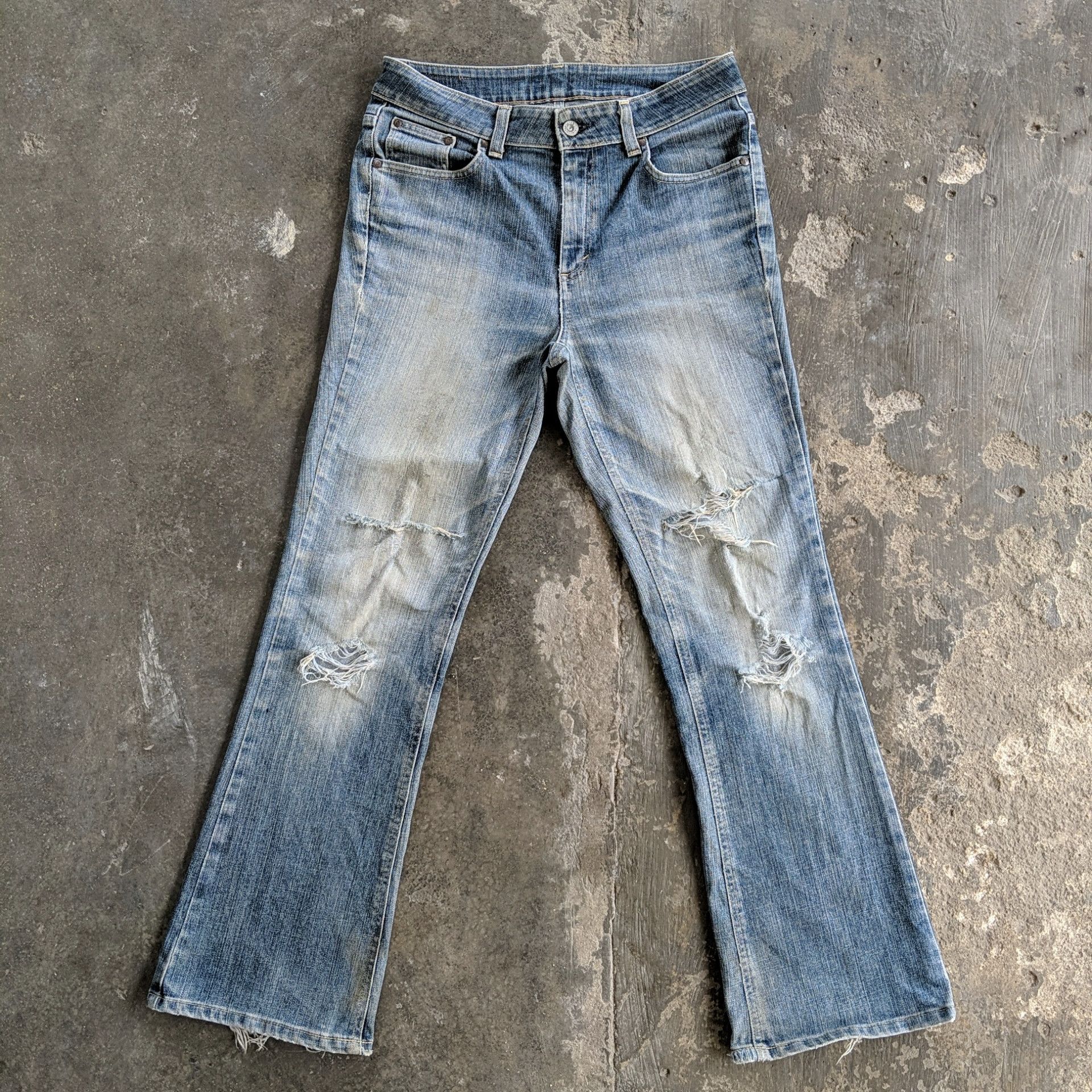 image of Distressed Denim x Edwin W31Vtg Edwin Sick Faded Distressed Flare Denim Jeans Pants in Faded Blue